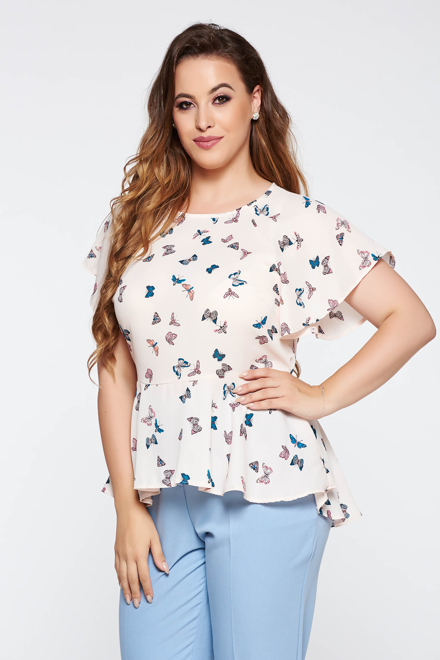 Bluza dama rosa eleganta cu croi larg din material vaporos neelastic cu peplum