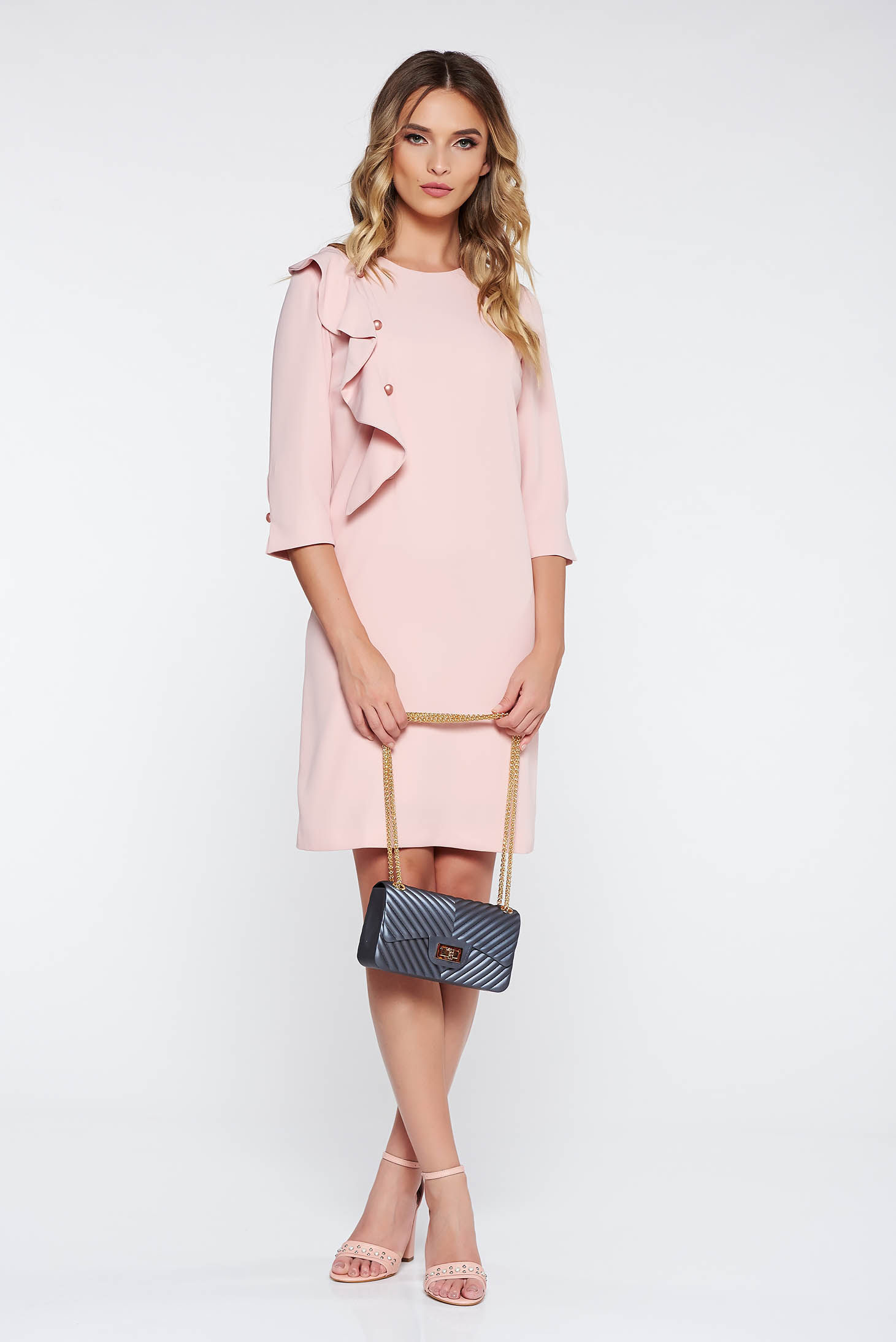 Rosa Elegant 3 4 Sleeve Flared Dress With Inside Lining With Ruffle Details