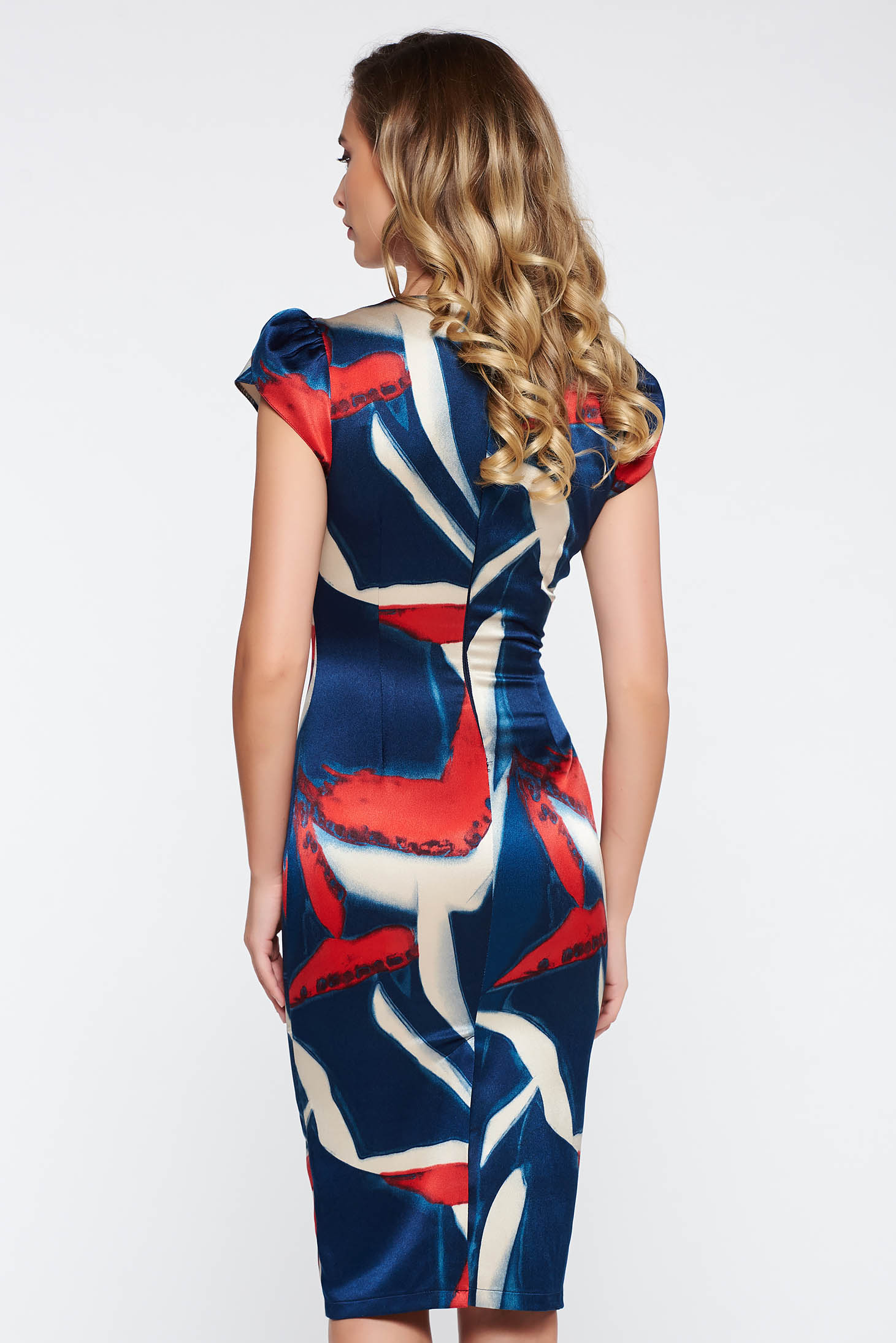 Darkblue elegant midi pencil dress from satin fabric texture with graphic print 2 - StarShinerS.com