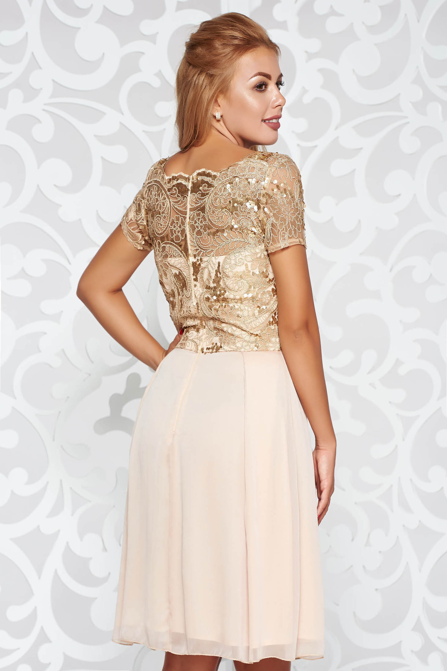 Cream occasional cloche dress from laced fabric with sequin embellished details 2 - StarShinerS.com