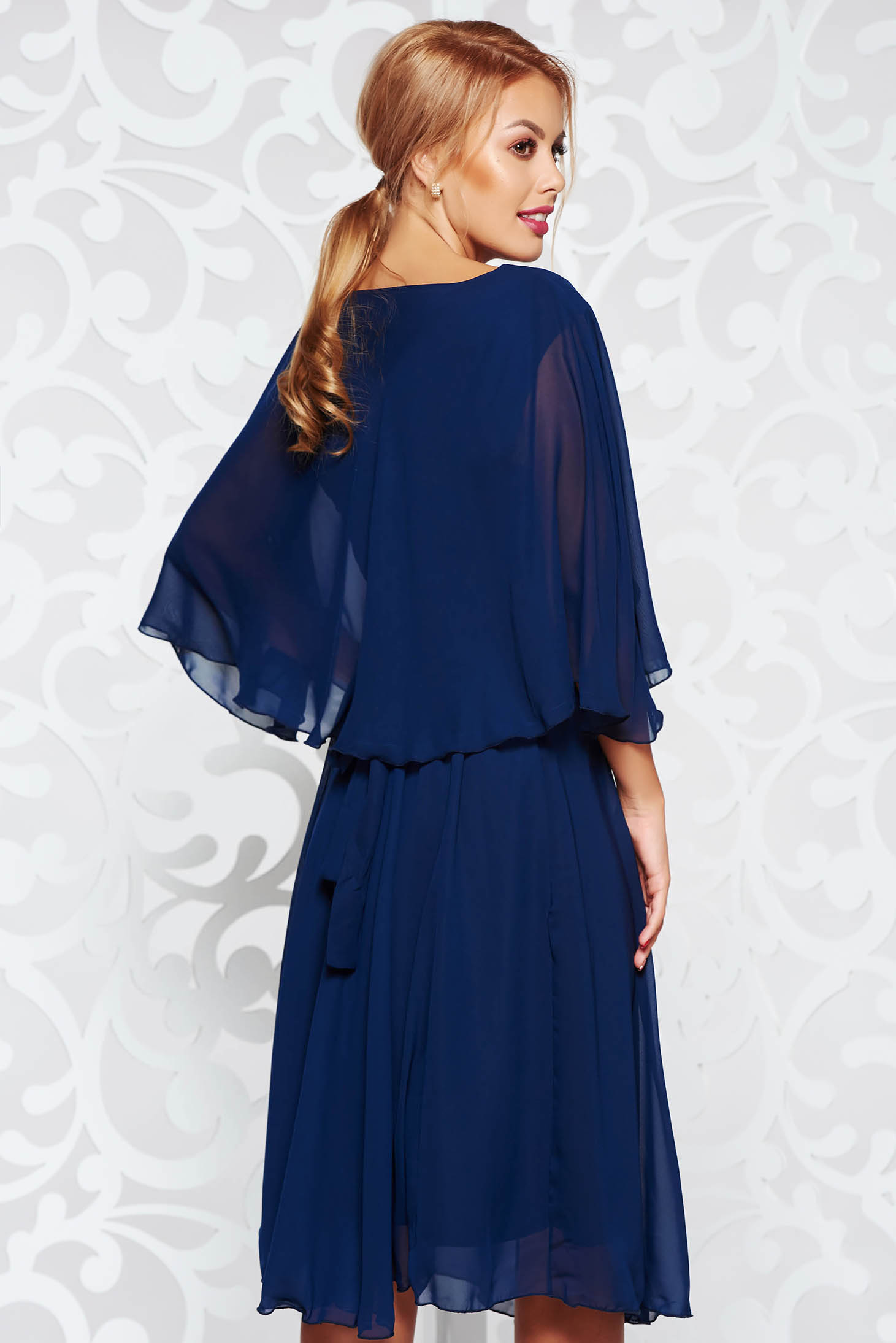 Darkblue occasional flared dress voile fabric with inside lining with