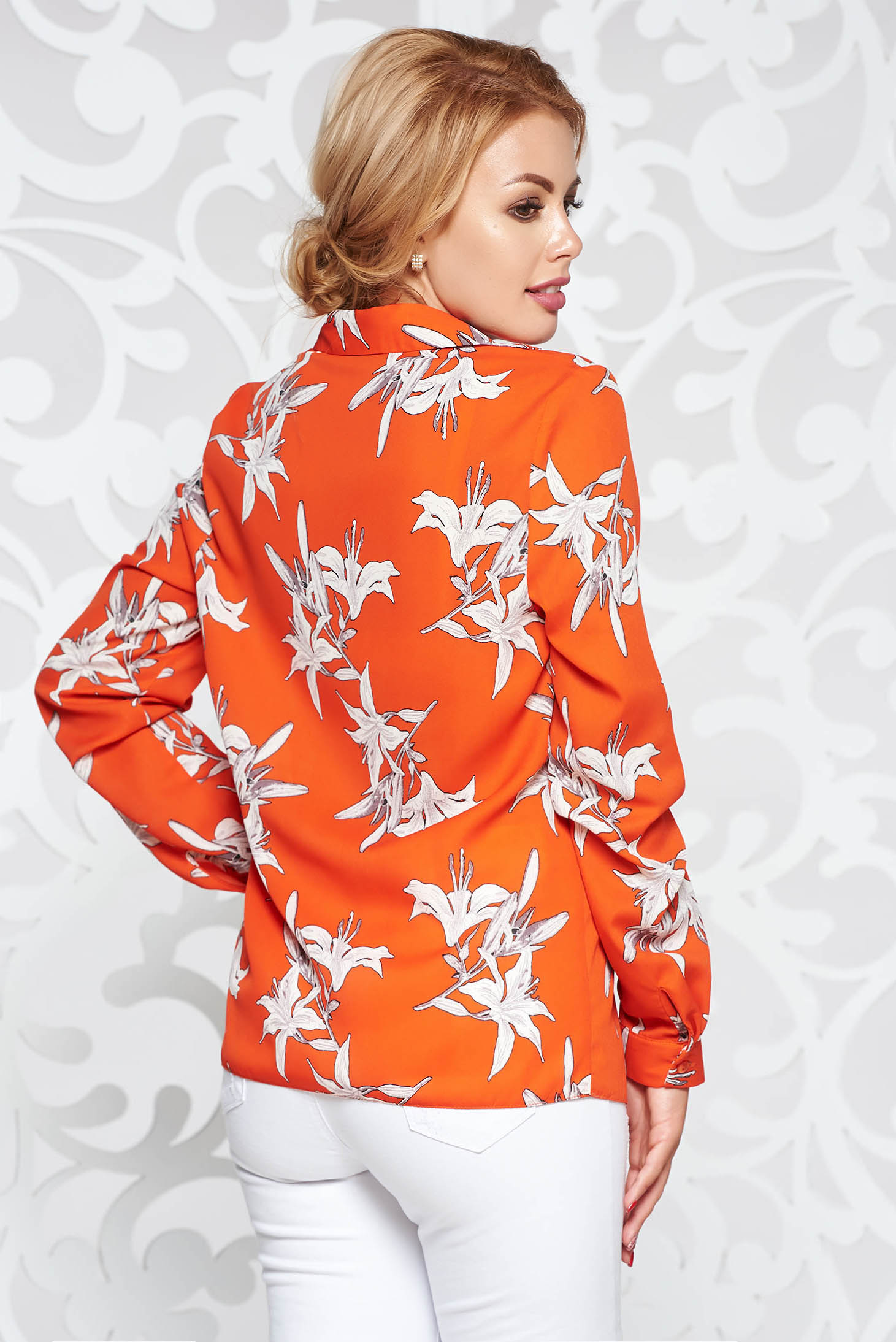 Bluza dama StarShinerS portocalie casual din material fin la atingere cu guler ascutit si maneca lunga 2 - StarShinerS.ro