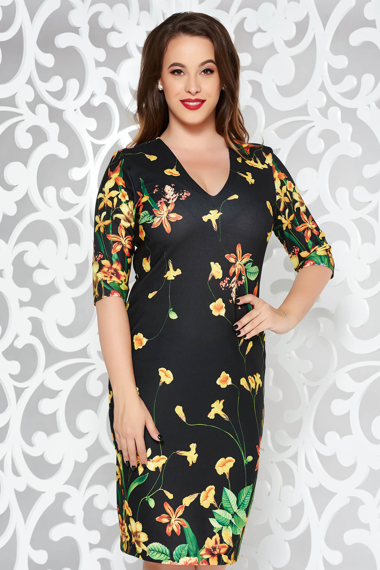 Rochie StarShinerS neagra office midi tip creion din material usor elastic cu decolteu rotunjit