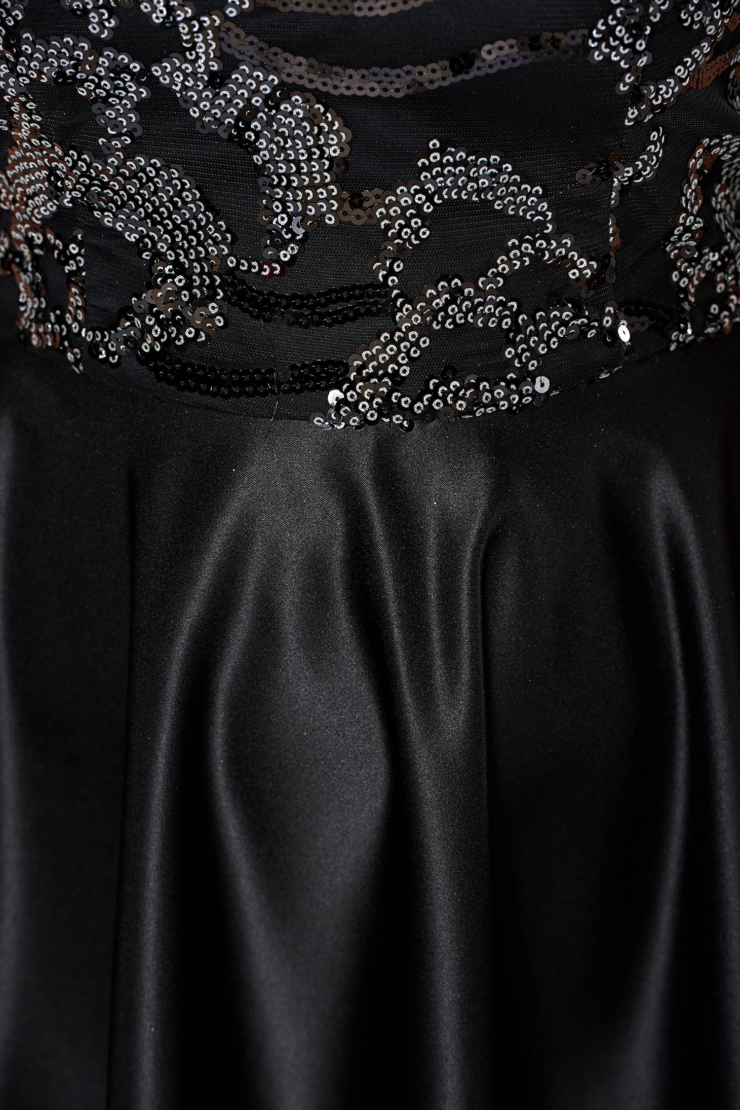 Black occasional asymmetrical dress from satin fabric texture with