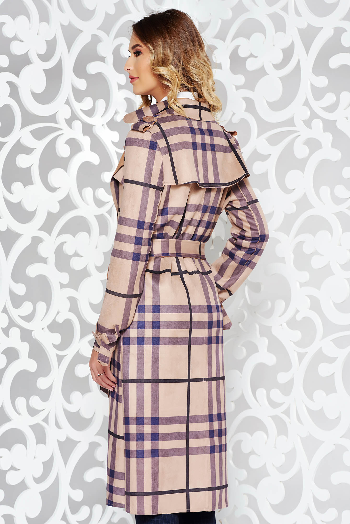 Brown casual long trenchcoat soft fabric plaid fabric accessorized with tied waistband 2 - StarShinerS.com