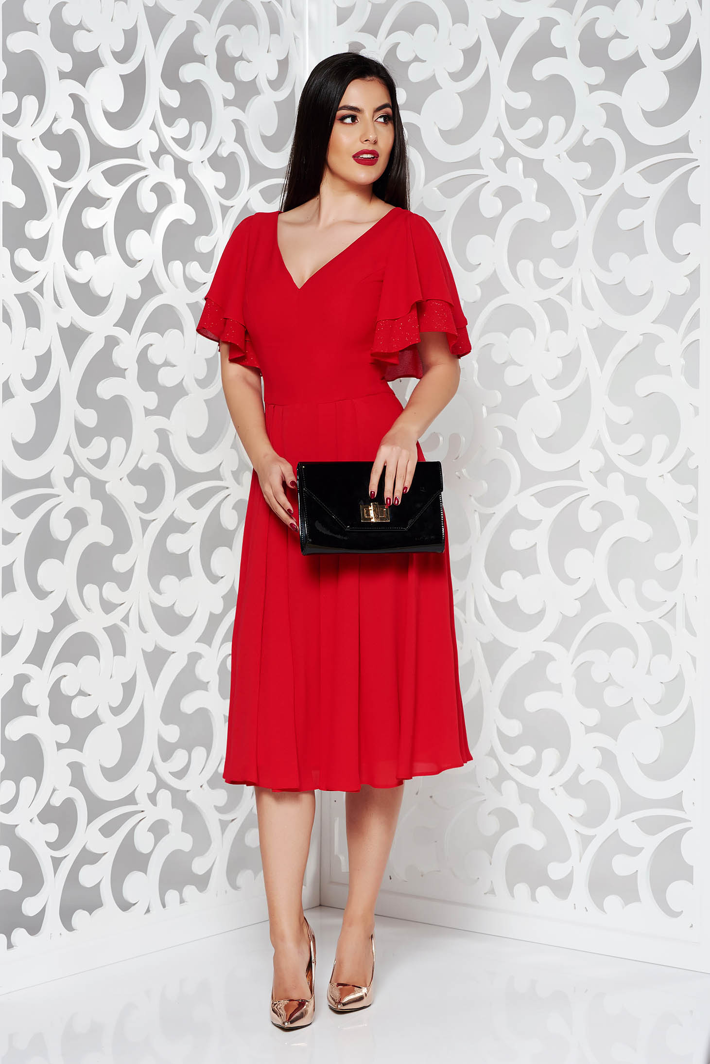 Red occasional cloche dress voile fabric with inside lining with v-neckline 3 - StarShinerS.com