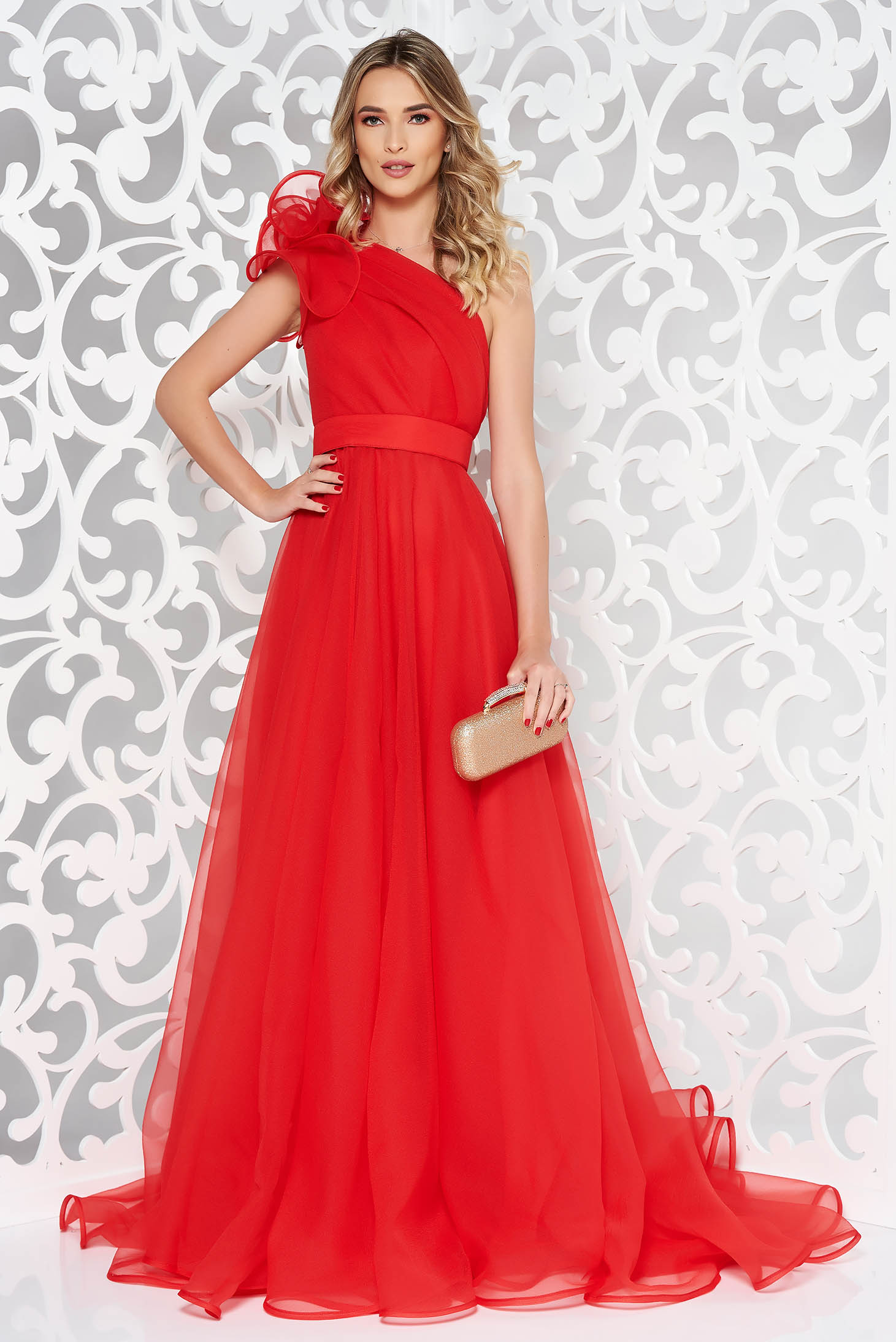 Piros Ana Radu luxus egy vállas deréktól bővülő szabású ruha béléssel övvel ellátva 3 - StarShinerS.hu