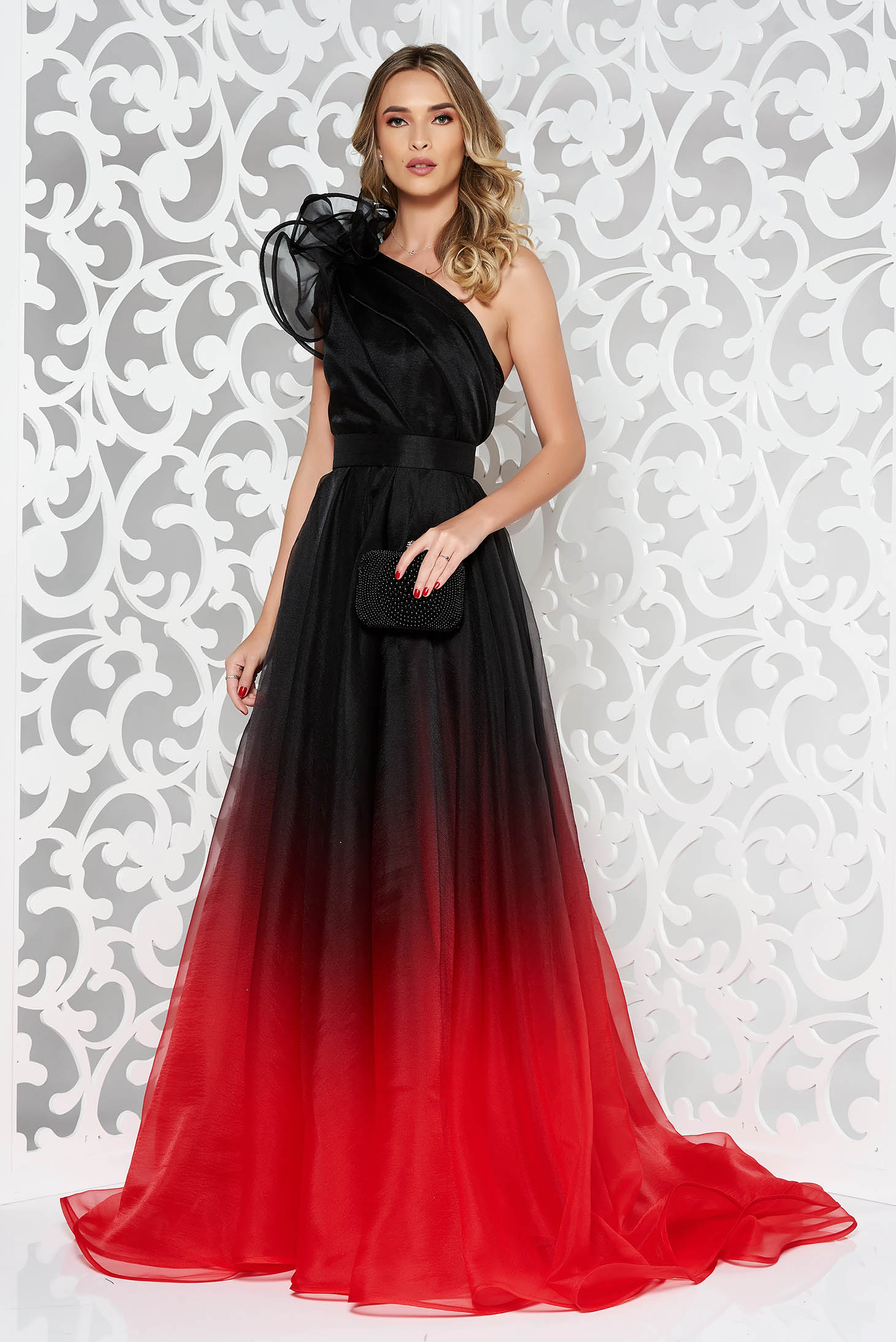 Fekete Ana Radu luxus hosszú harang ruha béléssel övvel ellátva egy vállas 3 - StarShinerS.hu