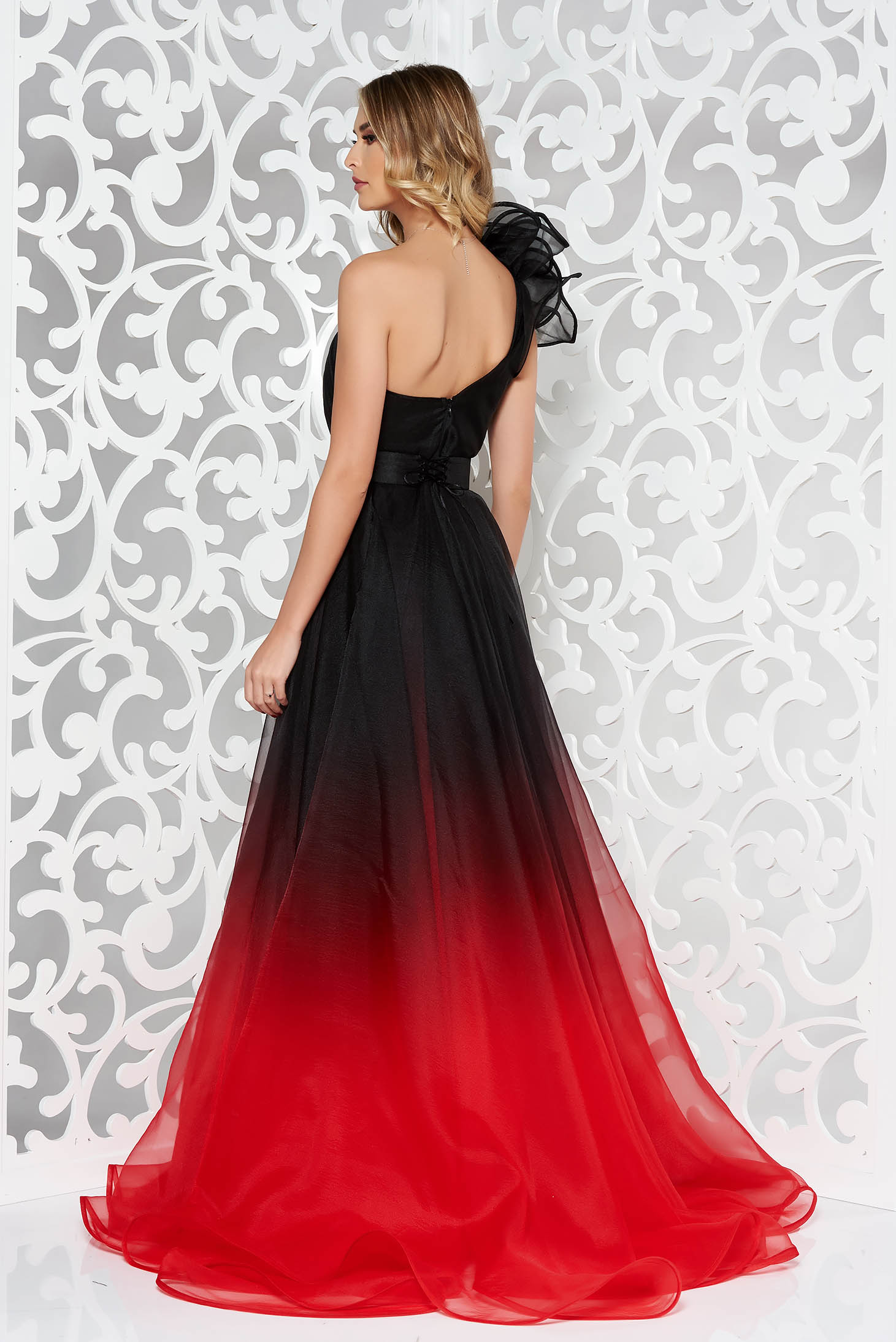 Long black tulle dress in a-line style with one shoulder, accessorized with a belt - Ana Radu 2 - StarShinerS.com