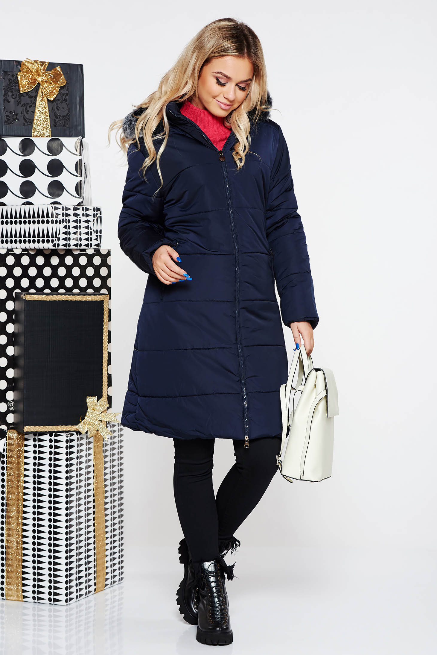 SunShine darkblue casual from slicker jacket with inside lining with faux fur accessory with pockets 4 - StarShinerS.com