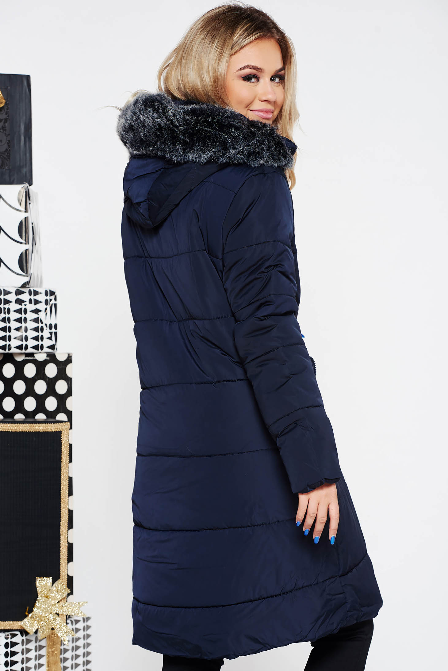 SunShine darkblue casual from slicker jacket with inside lining with faux fur accessory with pockets 3 - StarShinerS.com