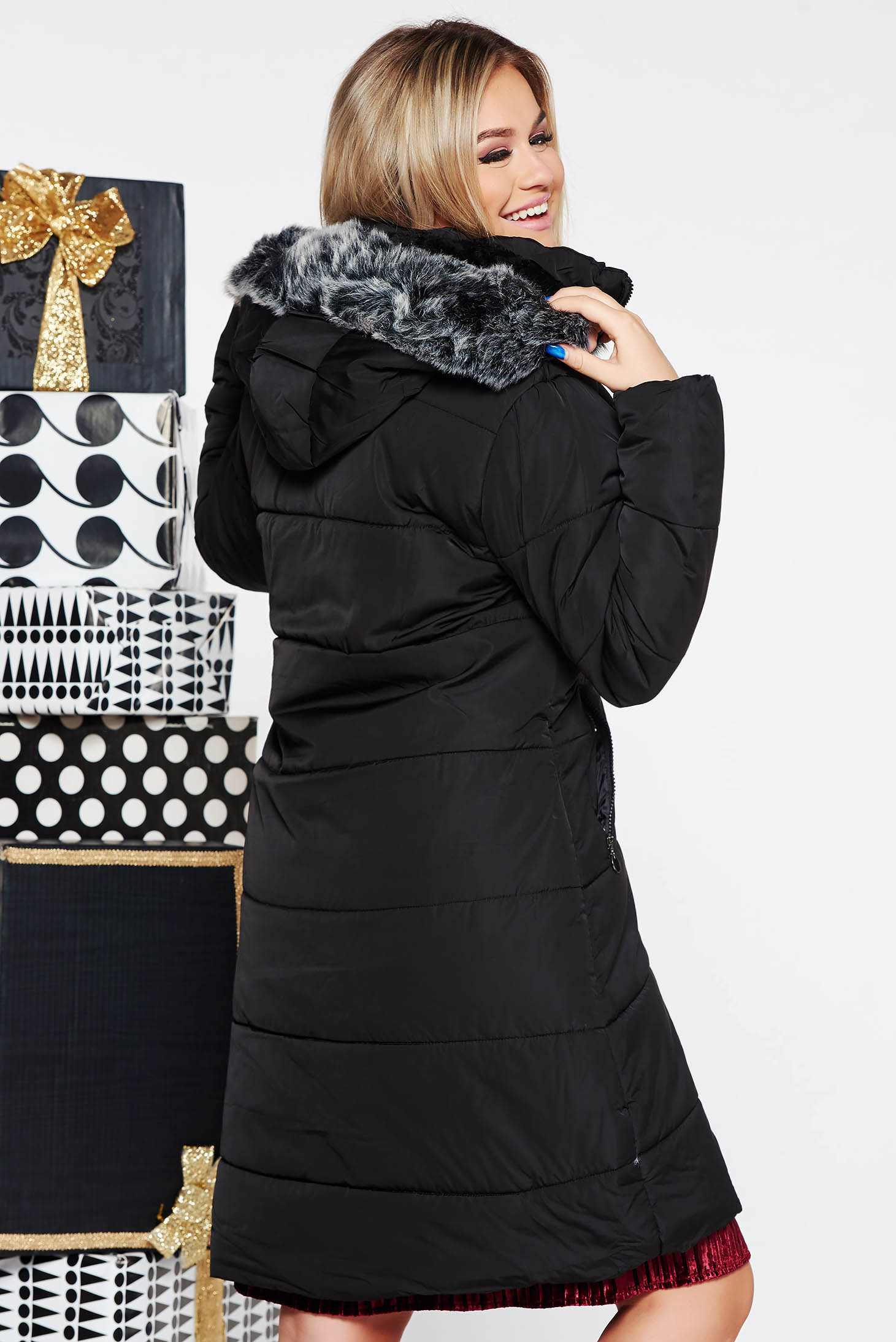 Fekete SunShine casual vízhatlan dzseki belső béléssel műszőrme díszítés zsebes 2 - StarShinerS.hu