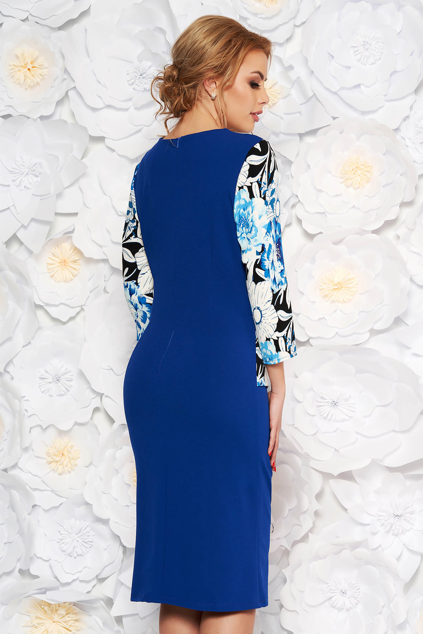 Blue elegant midi pencil dress slightly elastic fabric with floral prints 2 - StarShinerS.com