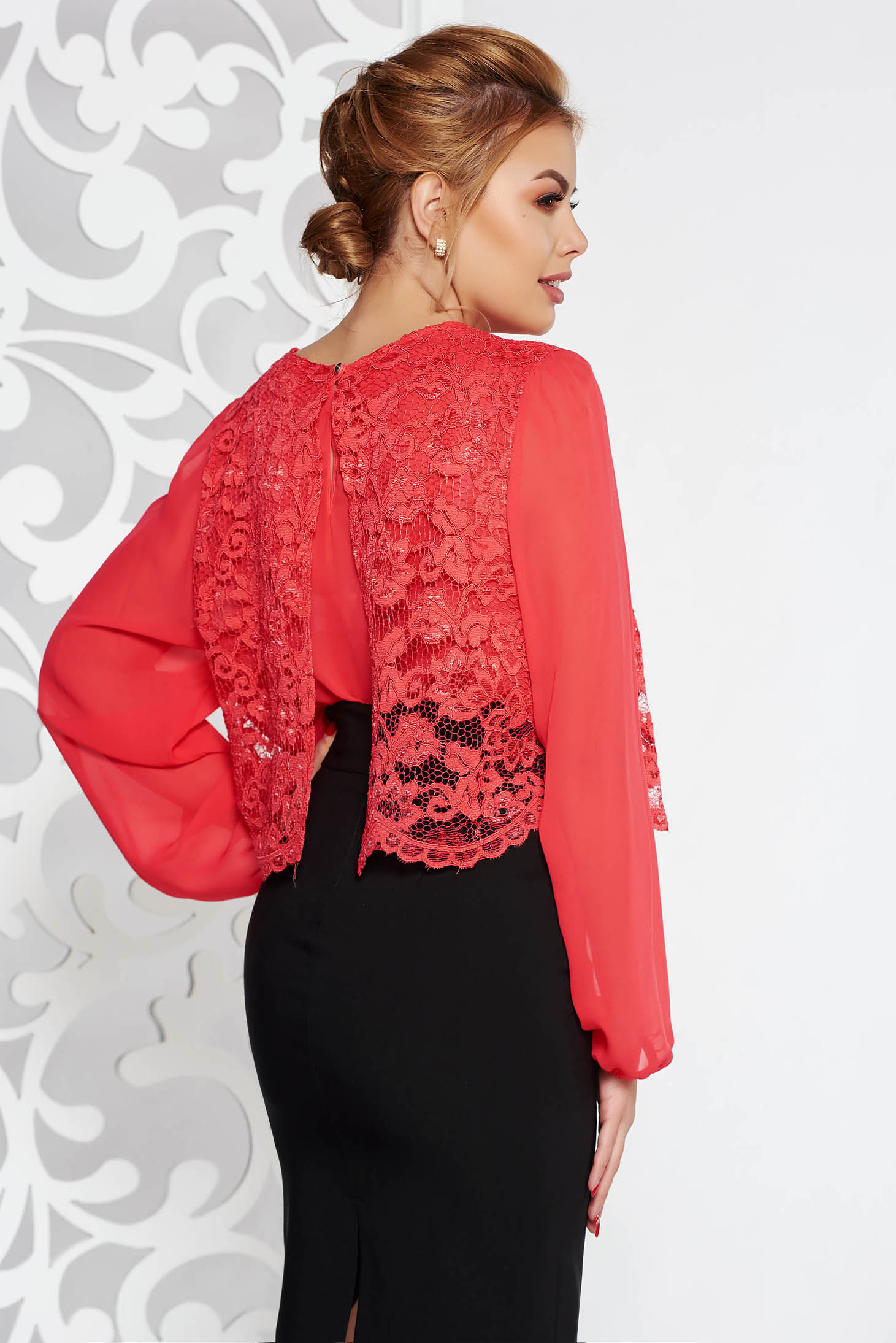 Coral elegant from veil fabric flared women`s blouse lace overlay 2 - StarShinerS.com