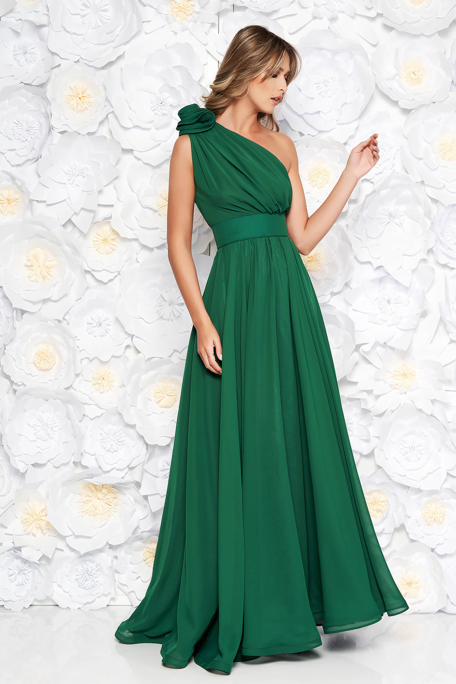 Ana Radu green voile fabric one shoulder dress luxurious accessorized ...