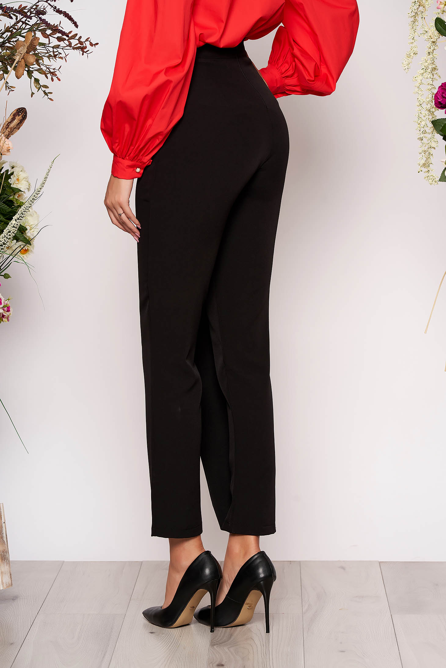 PrettyGirl black elegant high waisted trousers slightly elastic fabric with metalic accessory 2 - StarShinerS.com