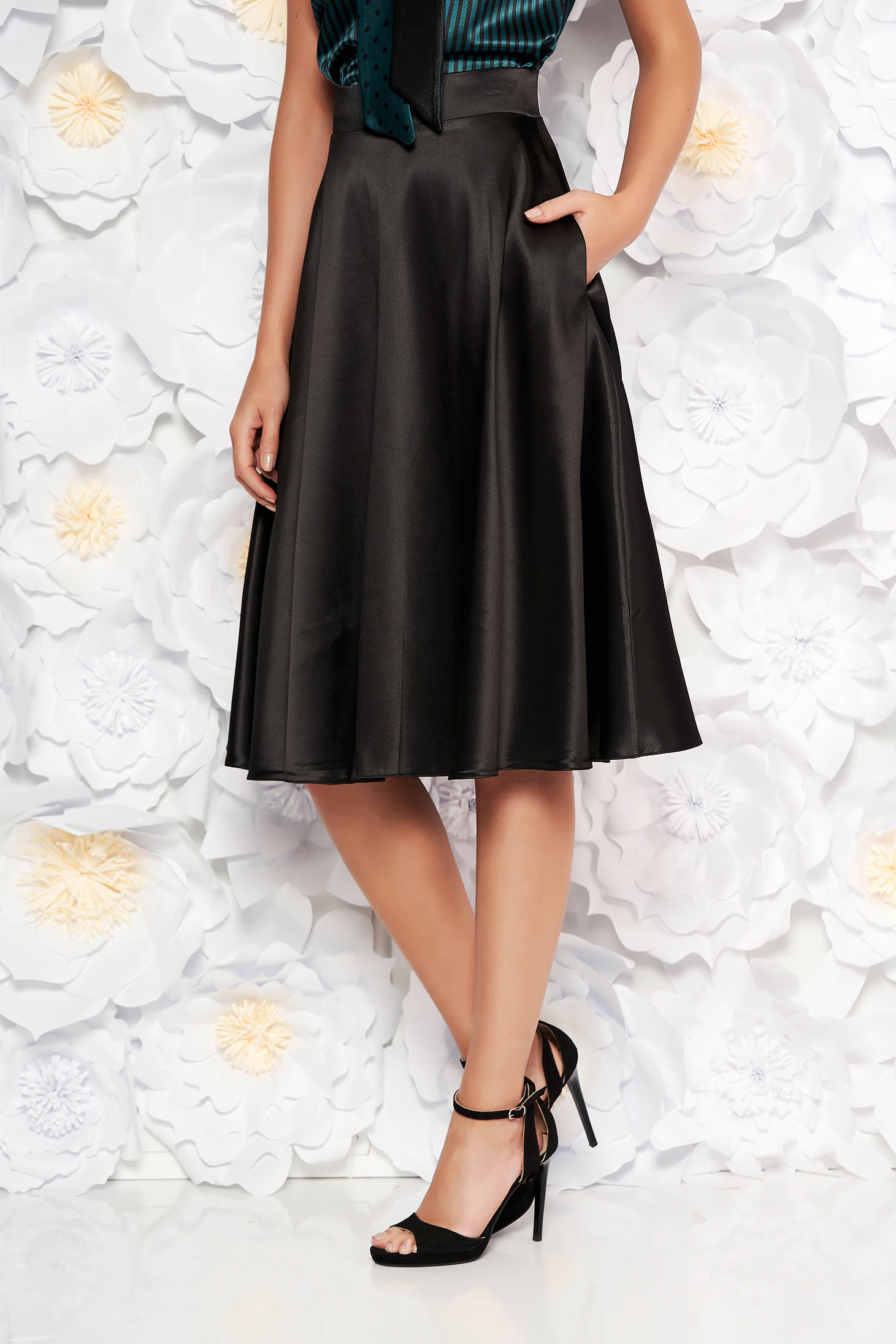 Starshiners Black Elegant High Waisted Cloche Skirt From Satin 9947
