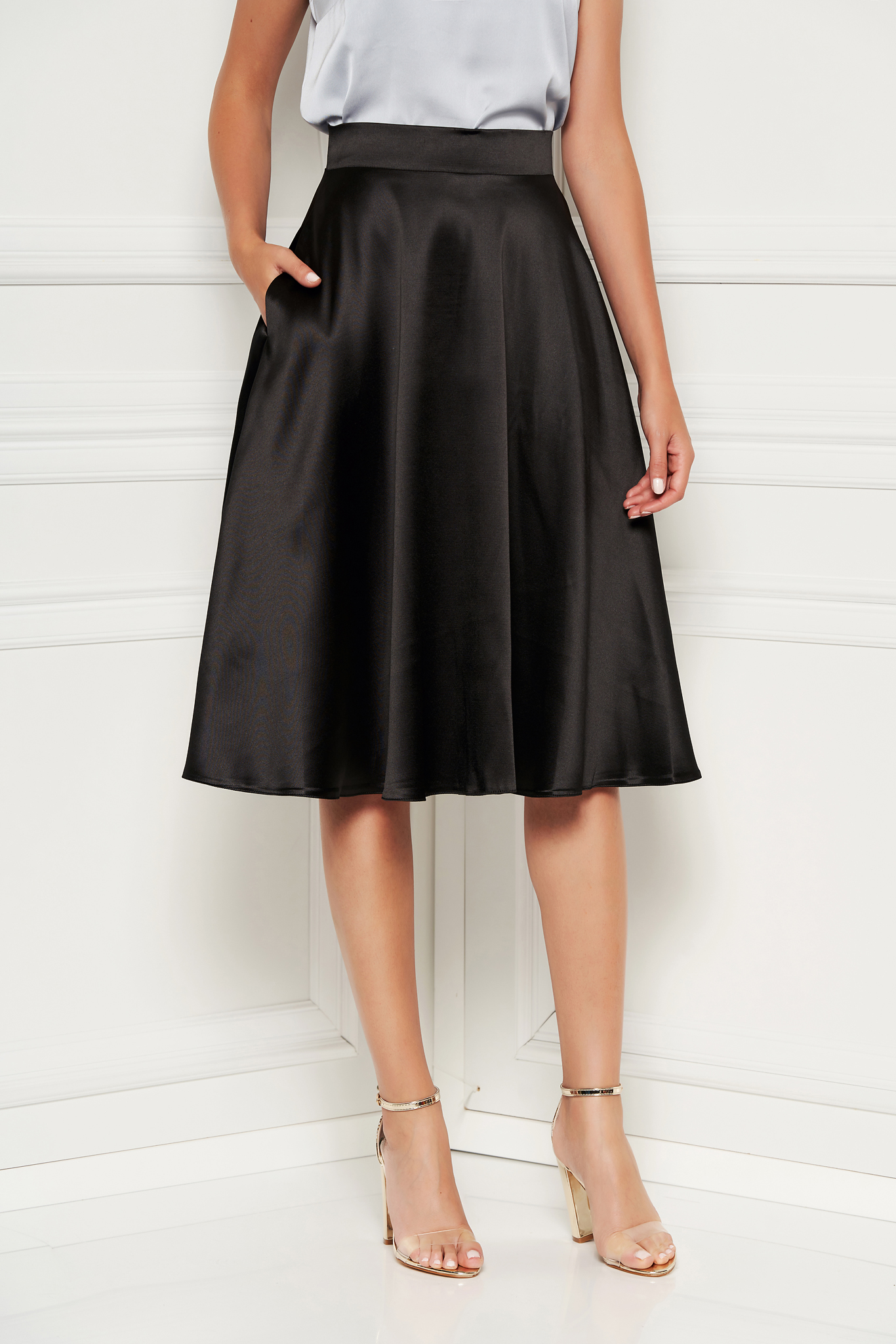 Starshiners Black Elegant High Waisted Cloche Skirt From Satin 6202