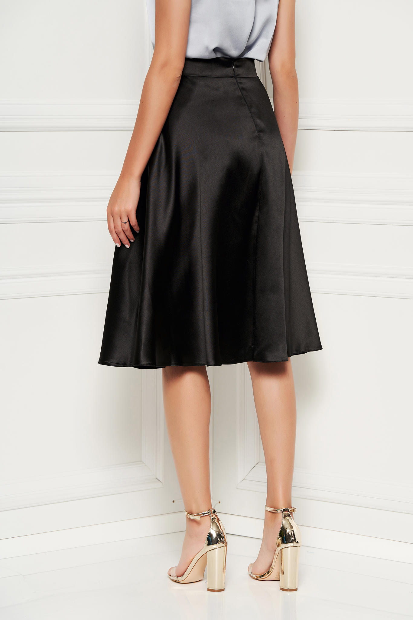 Starshiners Black Elegant High Waisted Cloche Skirt From Satin 8772
