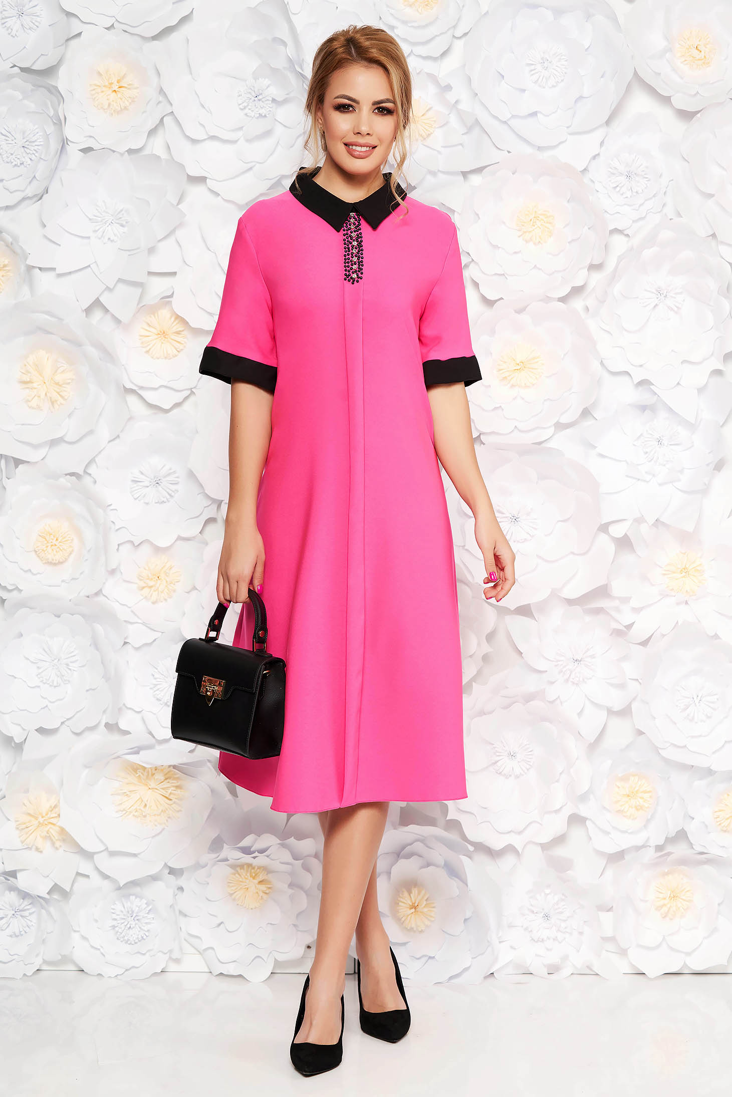 Pink elegáns midi bő szabású ruha finom tapintású anyag zsebes gyöngyös díszítés 4 - StarShinerS.hu