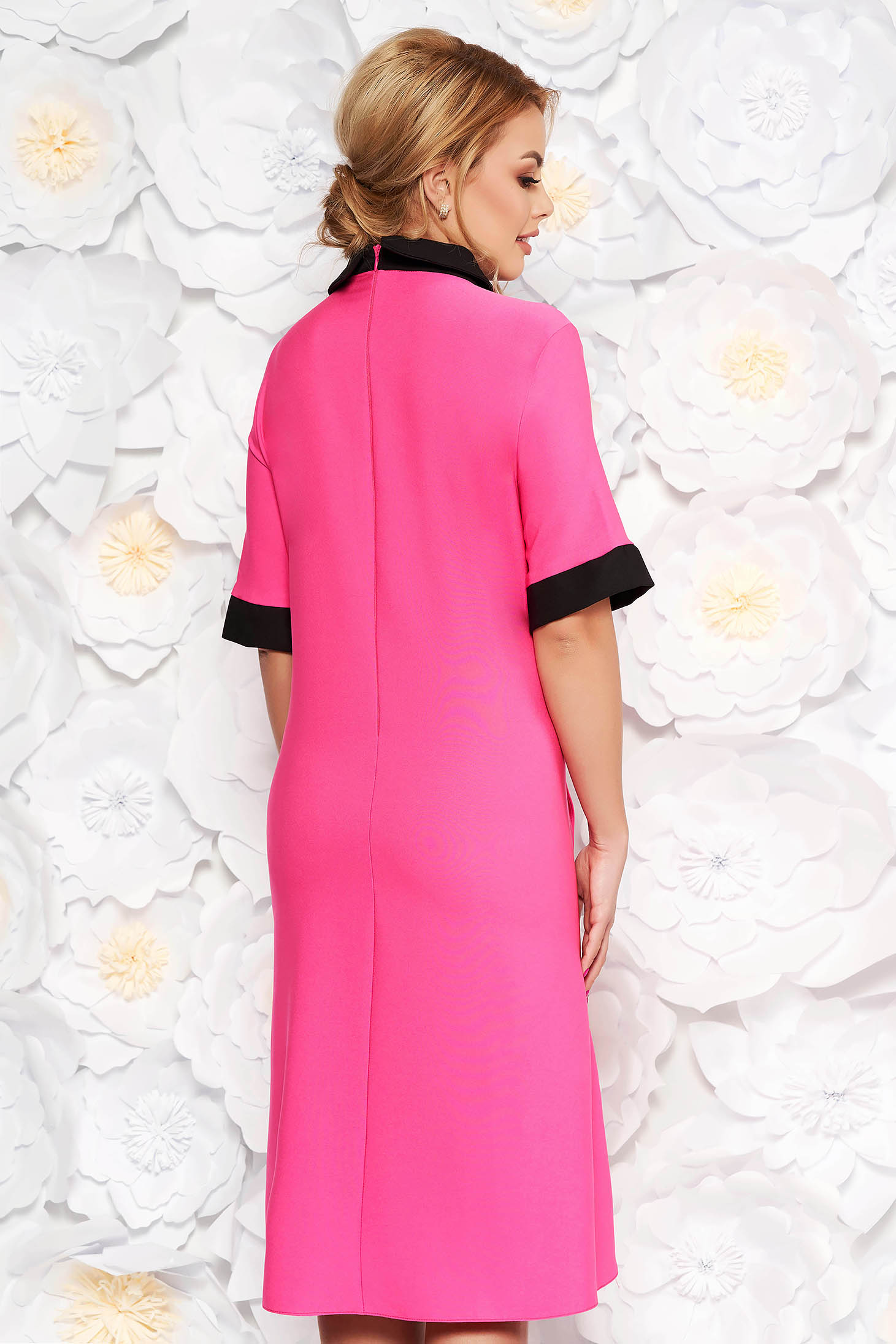 Pink elegáns midi bő szabású ruha finom tapintású anyag zsebes gyöngyös díszítés 2 - StarShinerS.hu