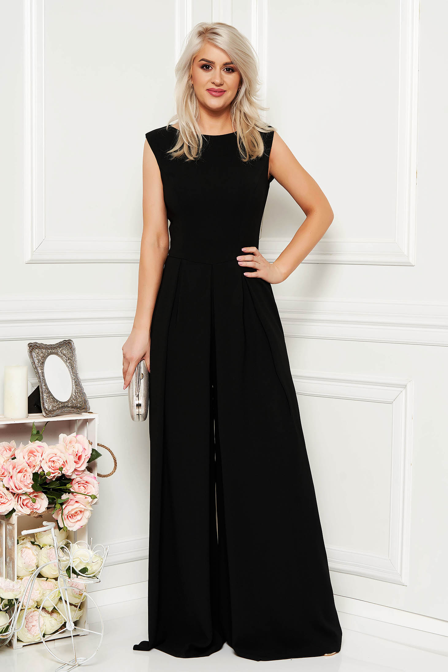 Black elegant sleeveless jumpsuit flaring cut nonelastic fabric