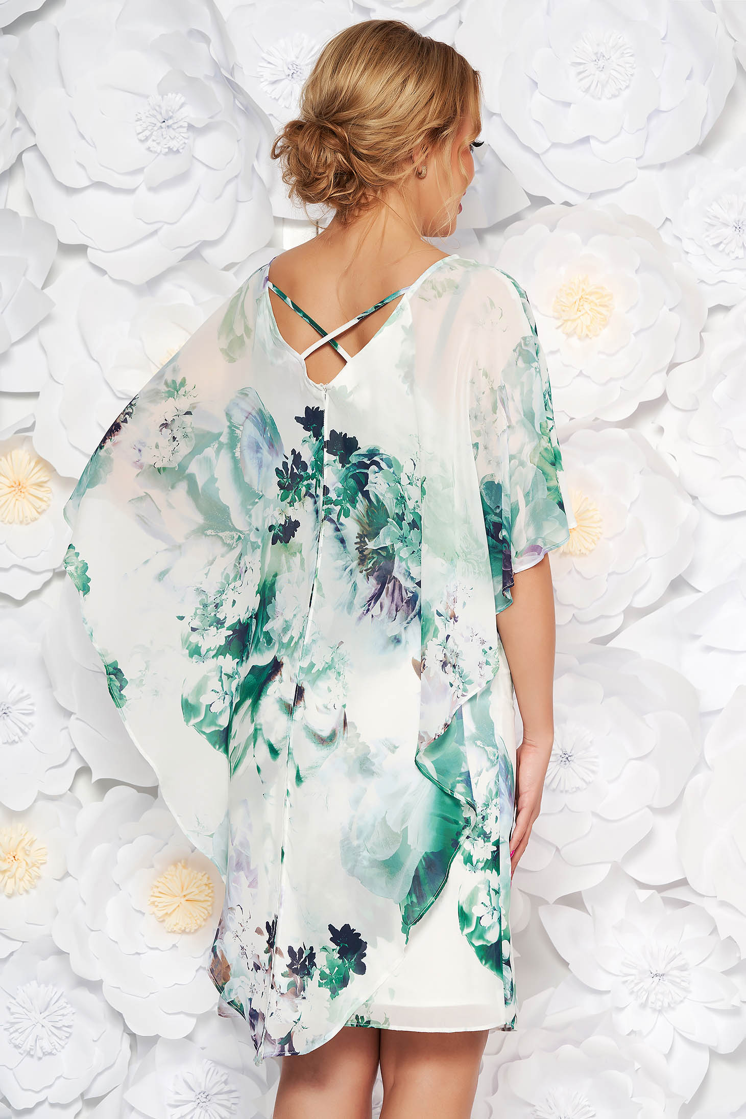Rochie verde-deschis eleganta din voal cu imprimeu floral cu un croi mulat cu suprapunere de material 2 - StarShinerS.ro