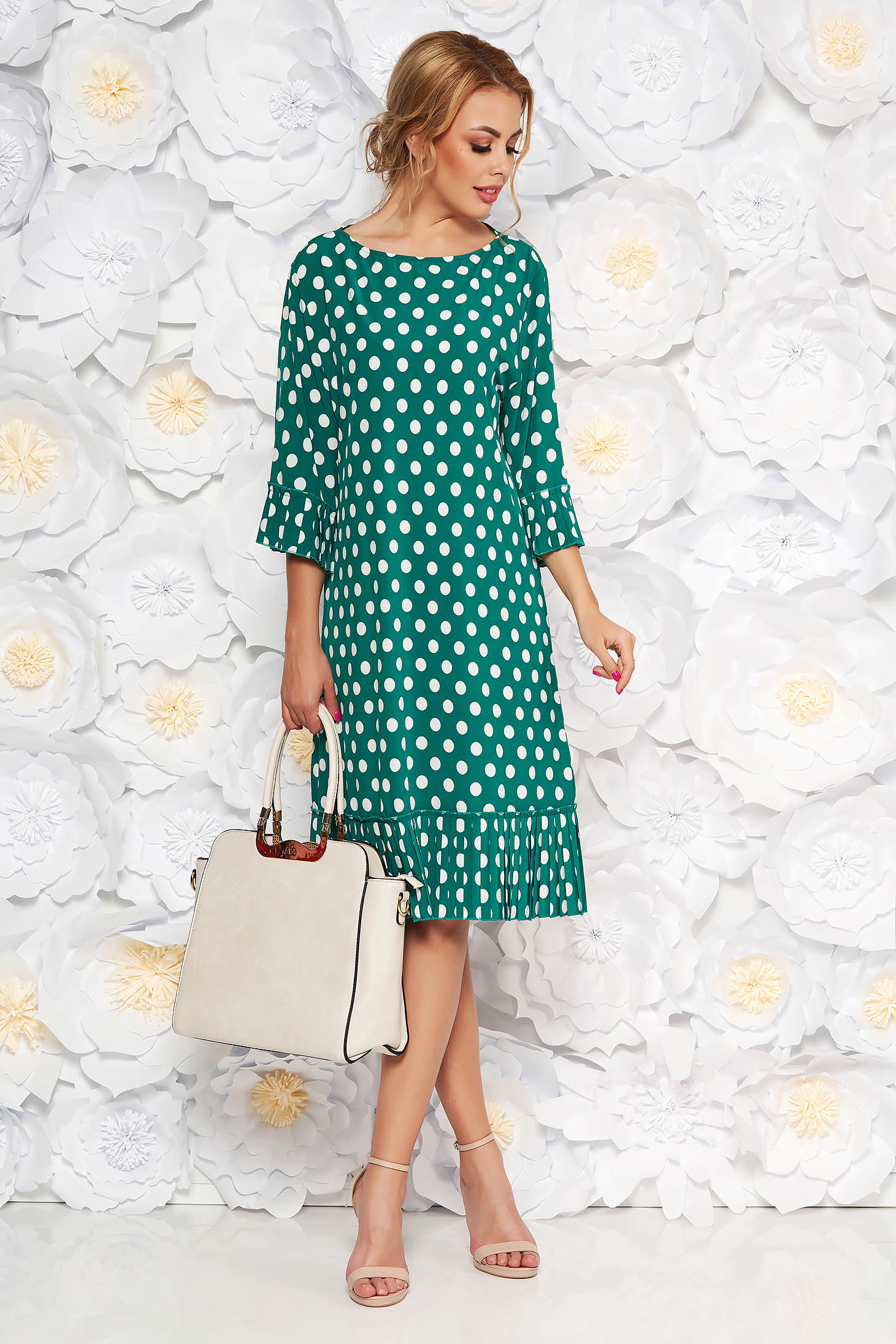 Green daily flared dress with bell sleeve thin fabric dots print 3 - StarShinerS.com