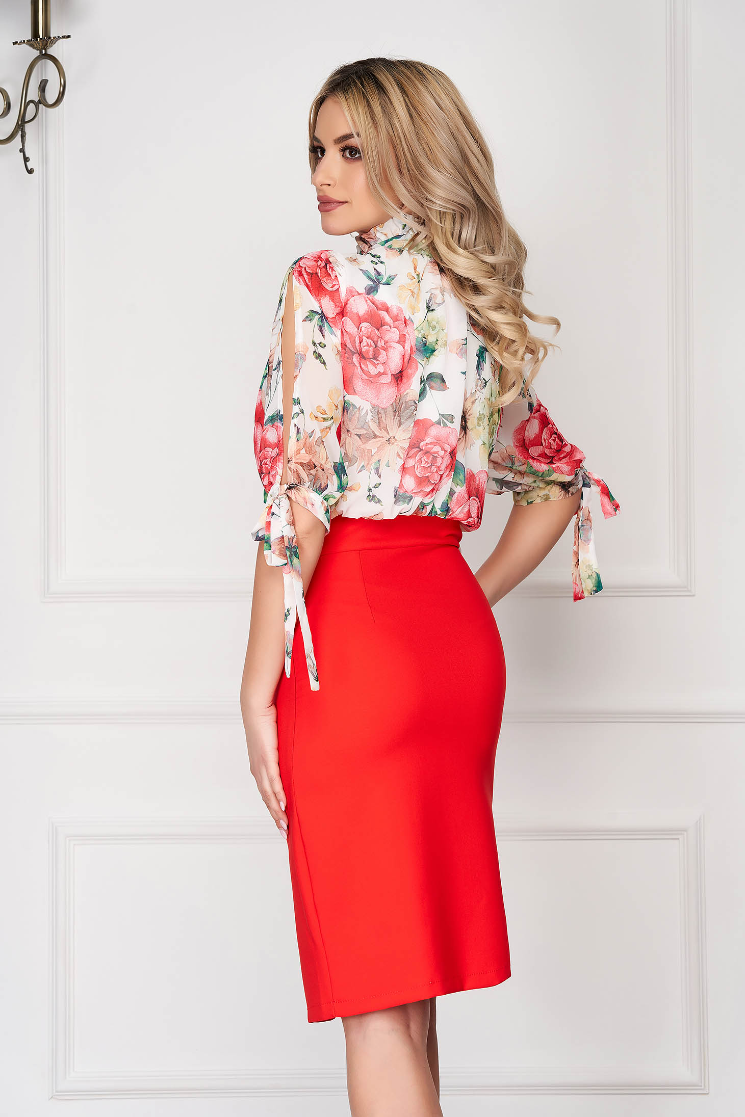 Coral elegant daily pencil dress with 3/4 sleeves with floral prints