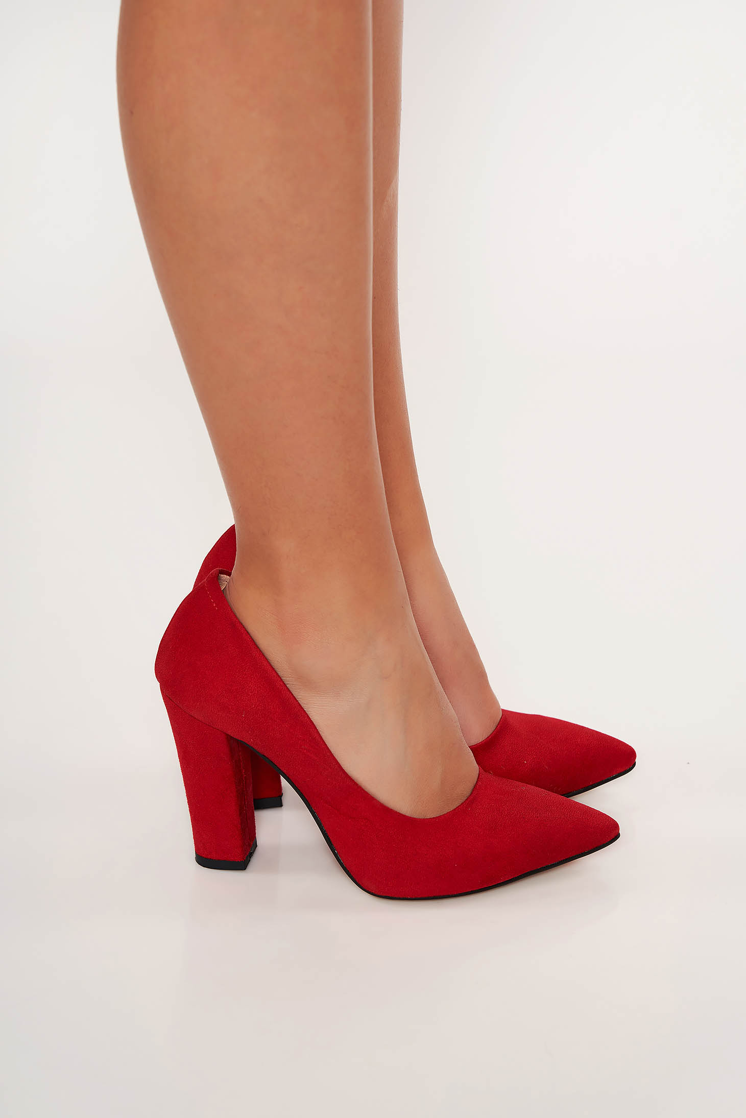 Red elegant shoes from velvet fabric chunky heel slightly pointed toe tip