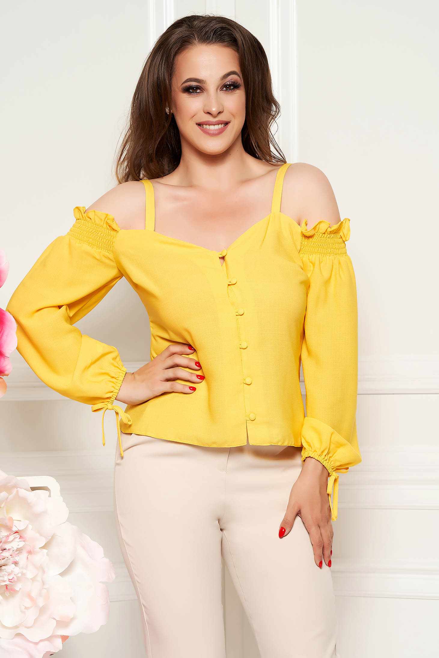 Bluza dama StarShinerS galbena cu decolteu in v cu maneci lungi din material vaporos
