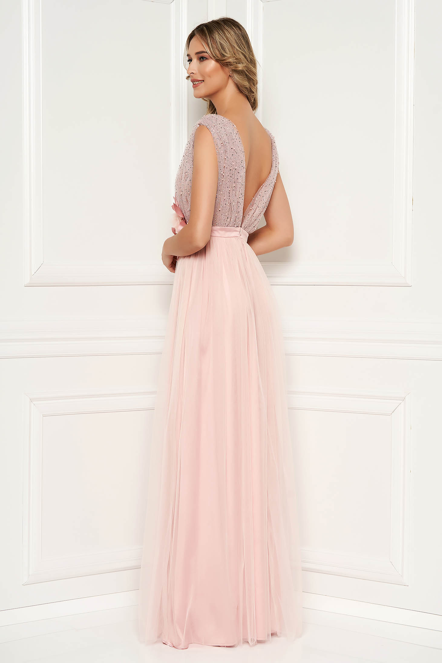 Lightpink dress occasional with crystal embellished details with deep cleavage 2 - StarShinerS.com