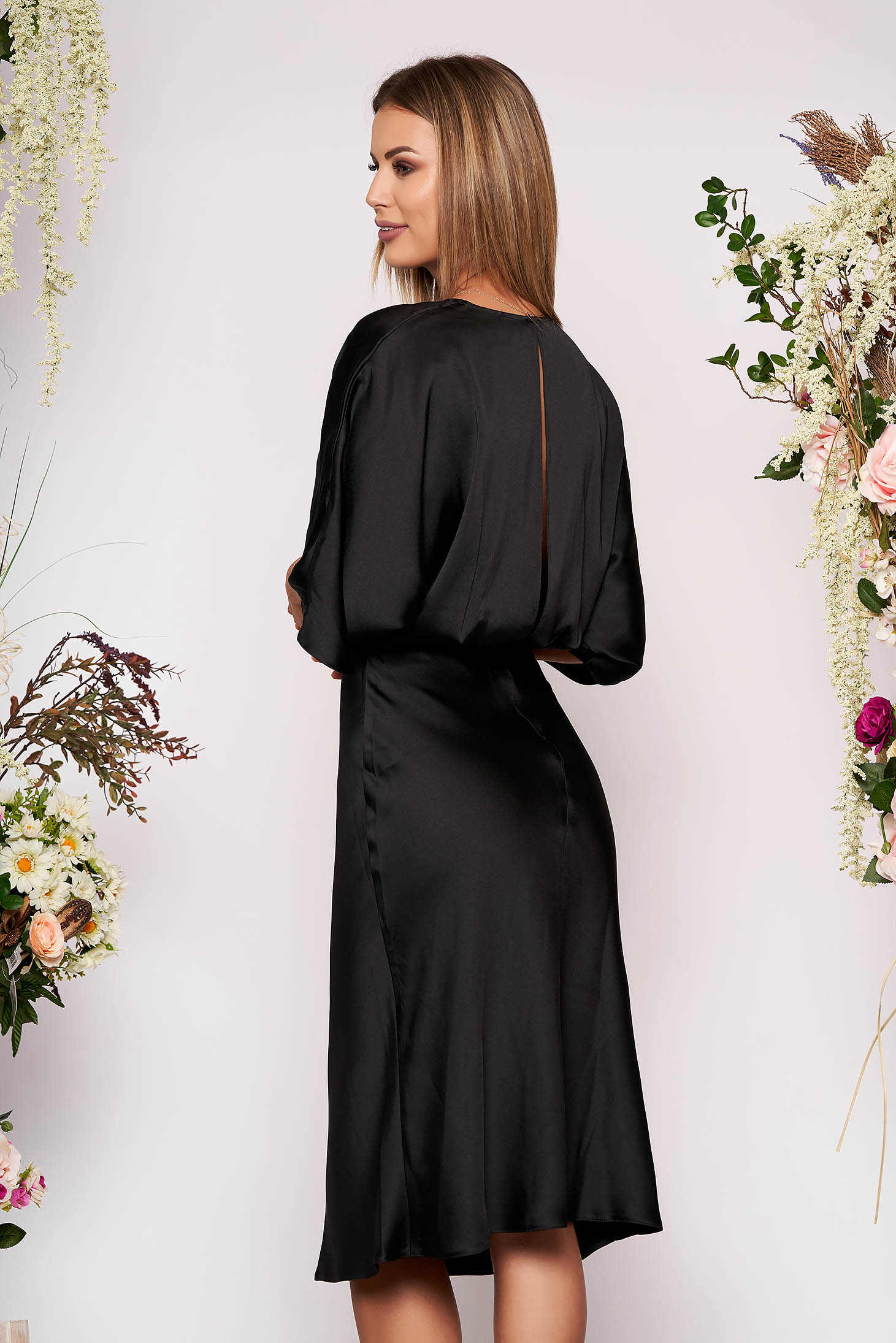 Black Dress Elegant Daily Midi From Satin With Cut Back Large Sleeves Cloche 1718