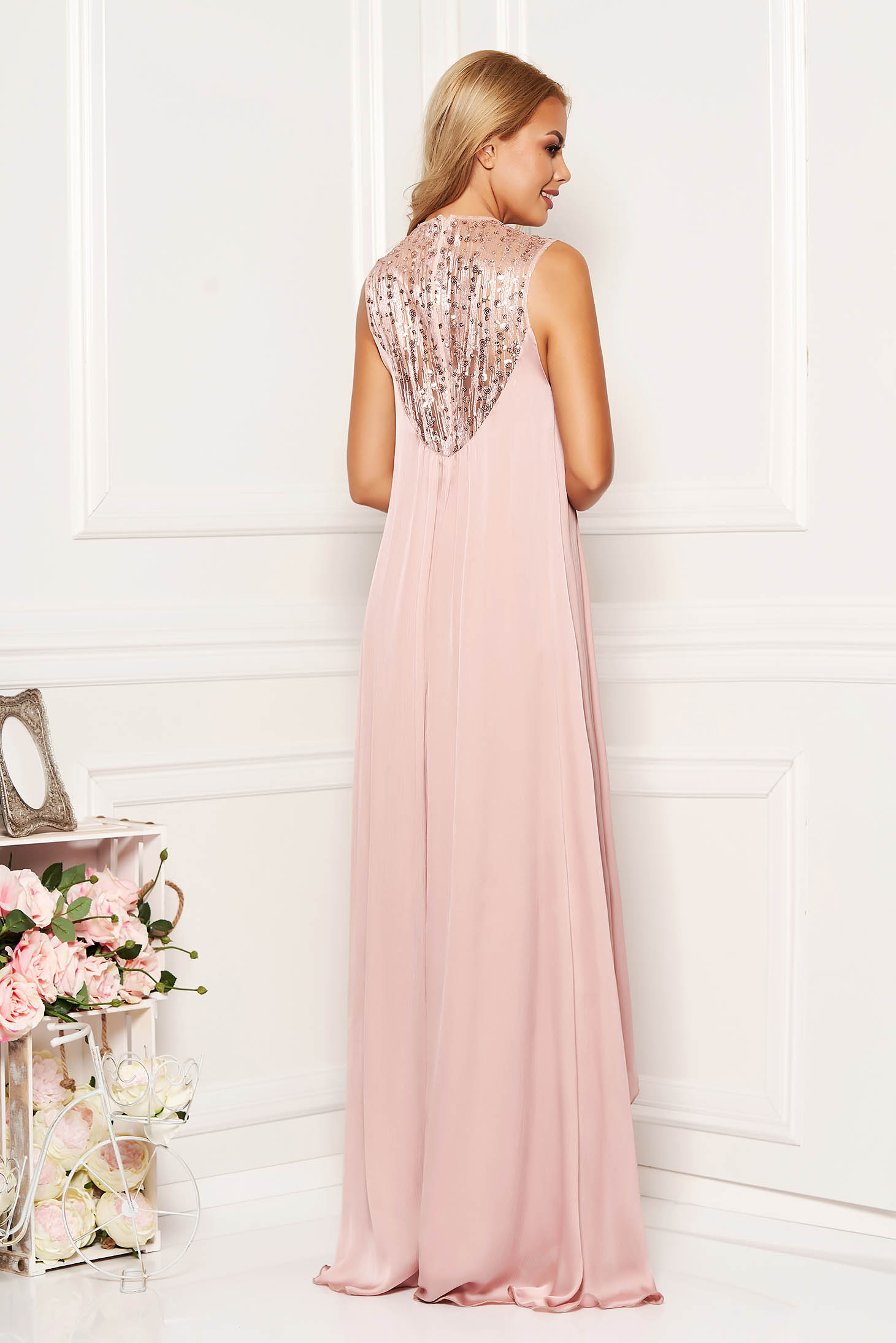 Lightpink dress occasional long asymmetrical from satin with sequin embellished details sleeveless 2 - StarShinerS.com