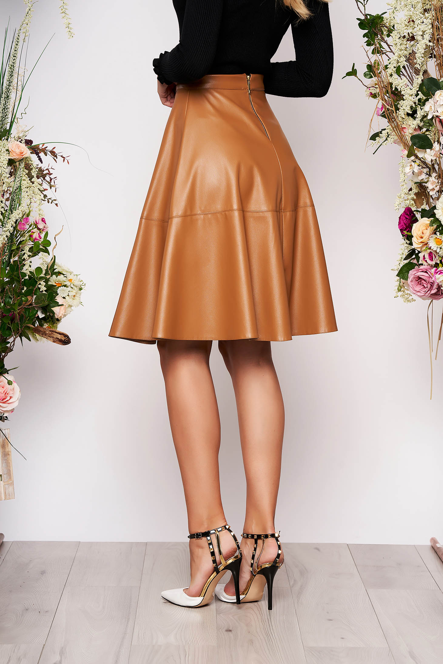 Brown cloche skirt from ecological leather midi - StarShinerS
