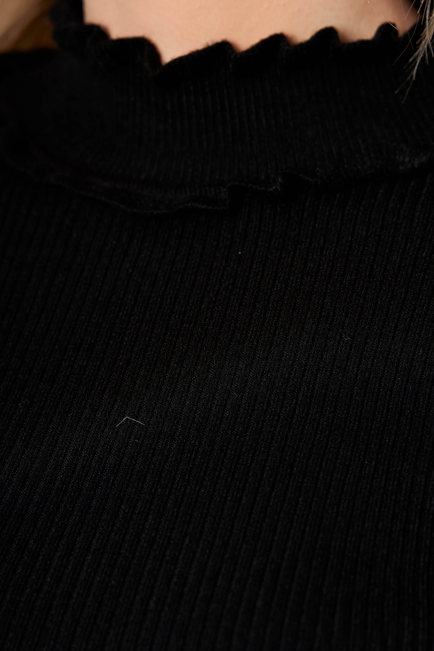 Black sweater casual with turtle neck ruffled collar from striped fabric knitted tented short cut 3 - StarShinerS.com