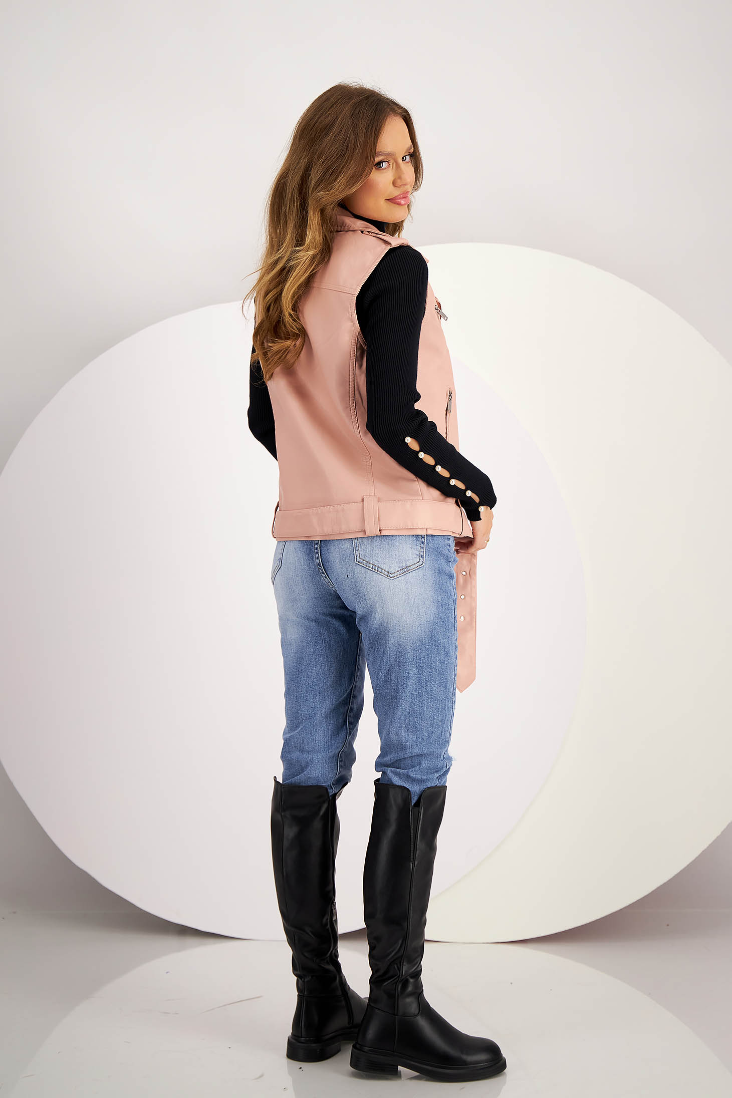 Dusty Pink Faux Leather Biker Vest accessorized with zippers - SunShine 5 - StarShinerS.com