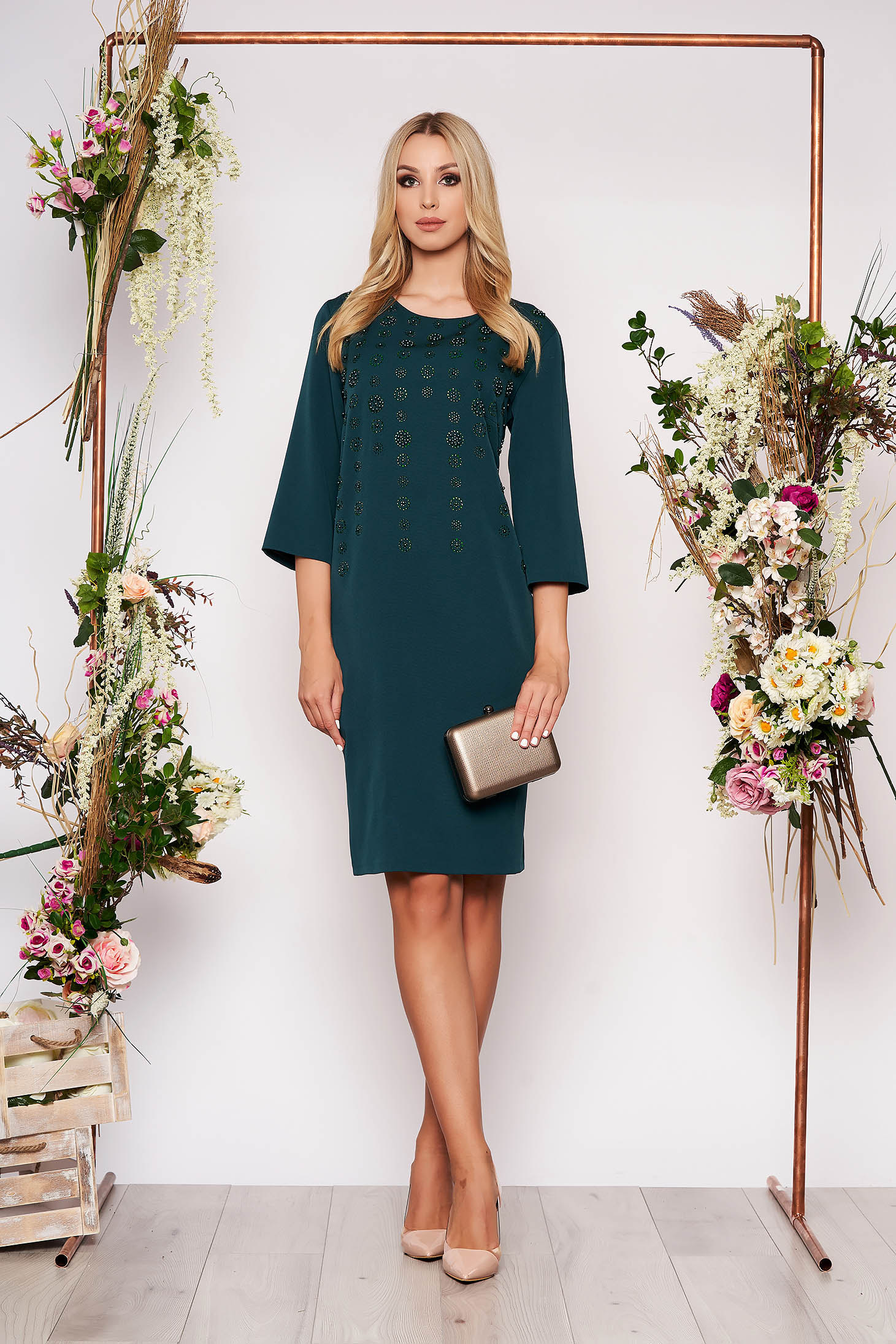 Dirty green dress elegant midi straight cloth thin fabric with 3/4 ...