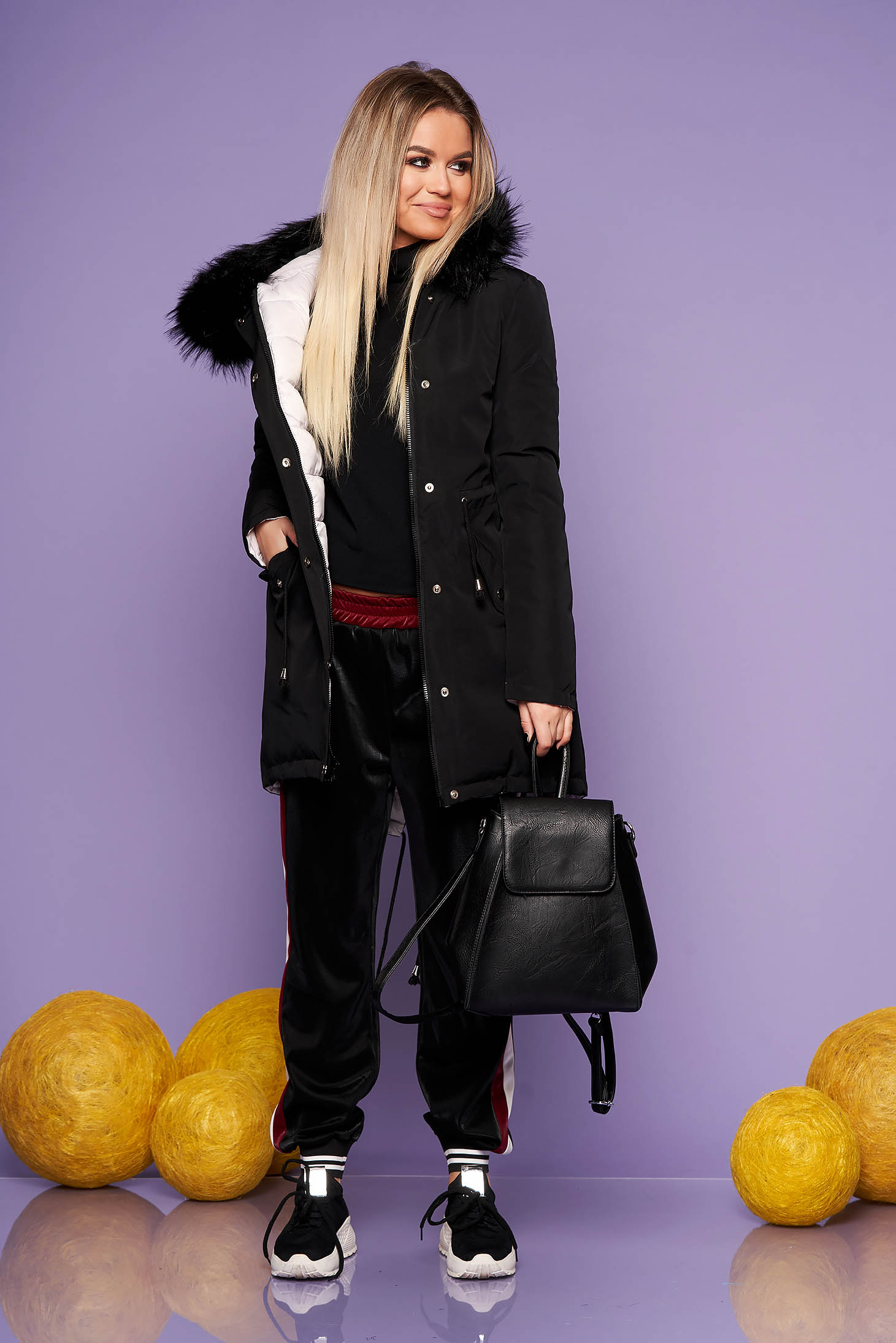 Jacket black casual with easy cut with undetachable hood with faux fur accessory is fastened around the waist with a ribbon with inside lining double-faced 4 - StarShinerS.com