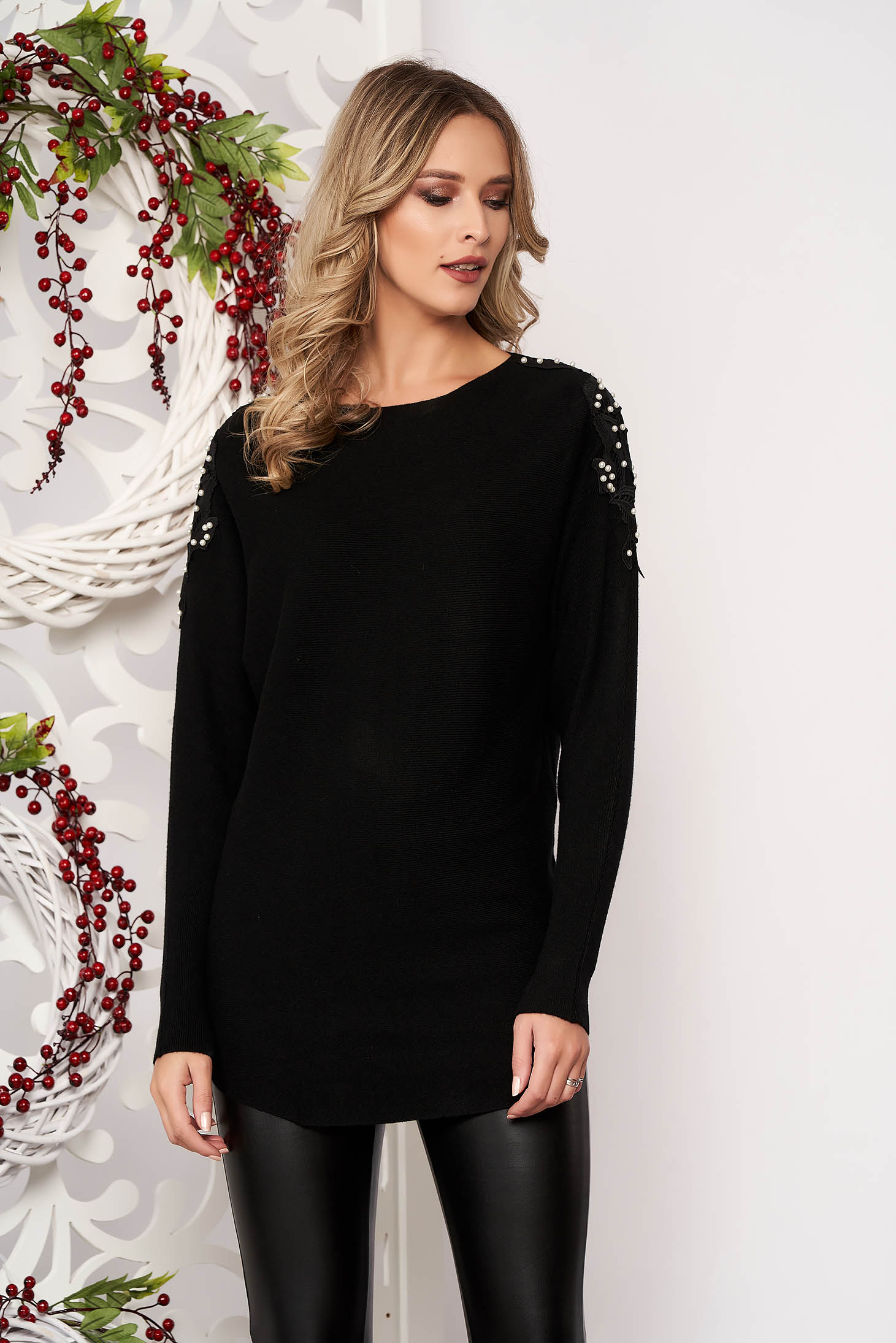 Black sweater long sleeved with lace details knitted fabric long sleeve ...