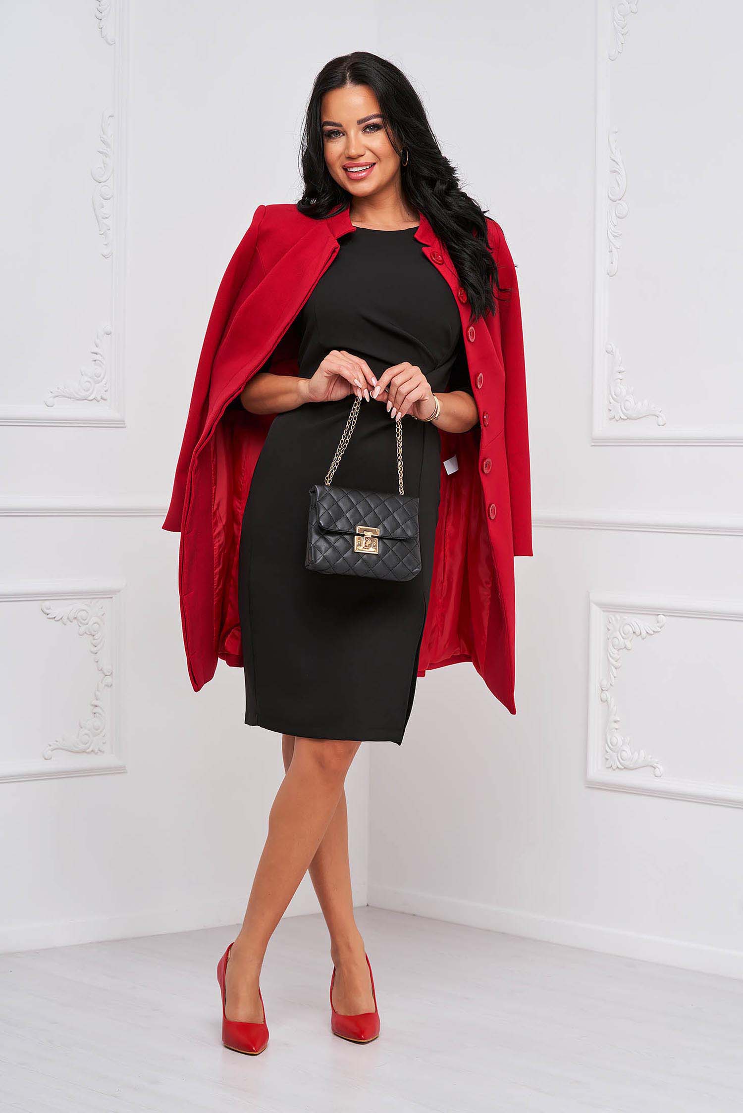 Rochie din stofa usor elastica neagra midi tip creion crapata pe picior - StarShinerS 4 - StarShinerS.ro