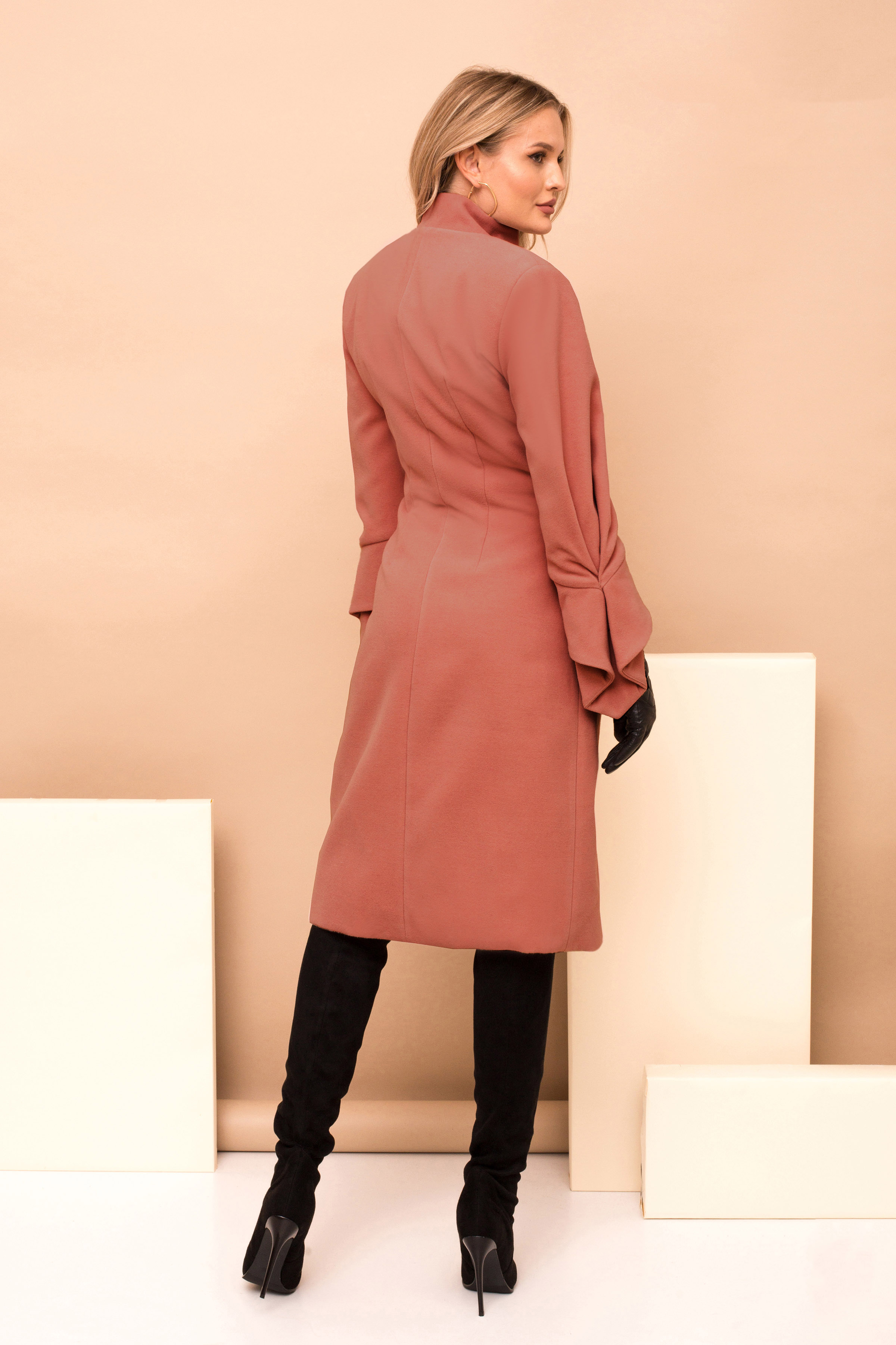 Lightpink long straight occasional coat with turtle neck with button accessories 2 - StarShinerS.com