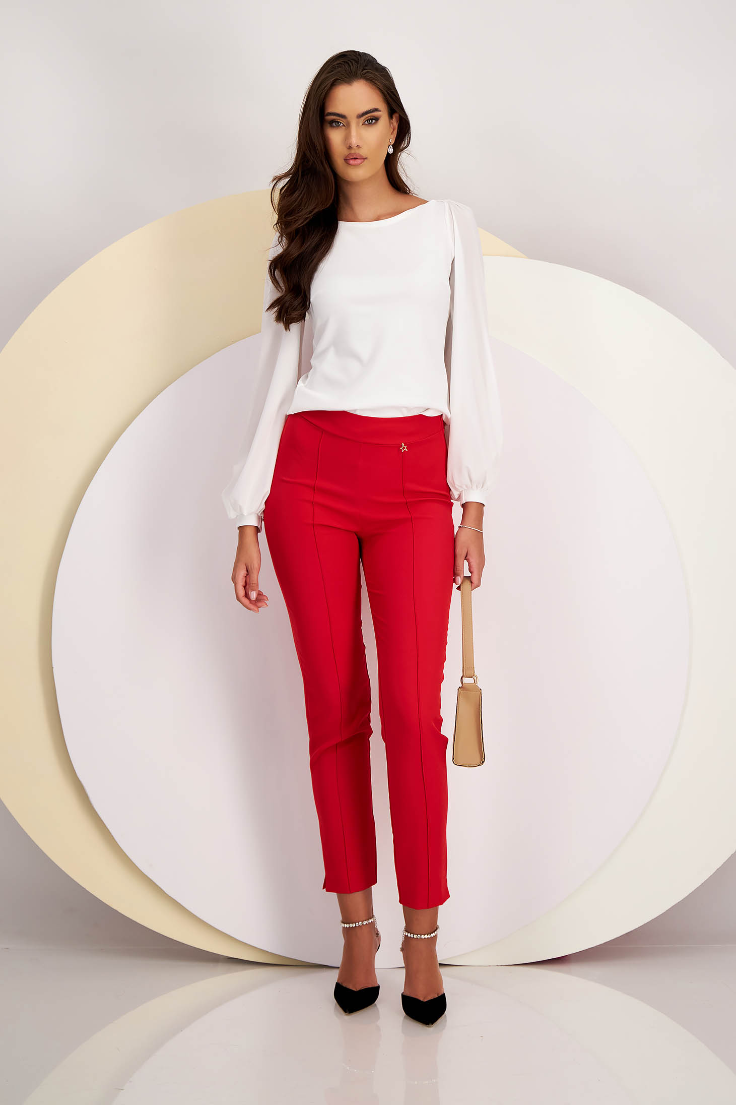 High-Waisted Red Tapered Trousers made from Slightly Stretchy Fabric - StarShinerS 3 - StarShinerS.com