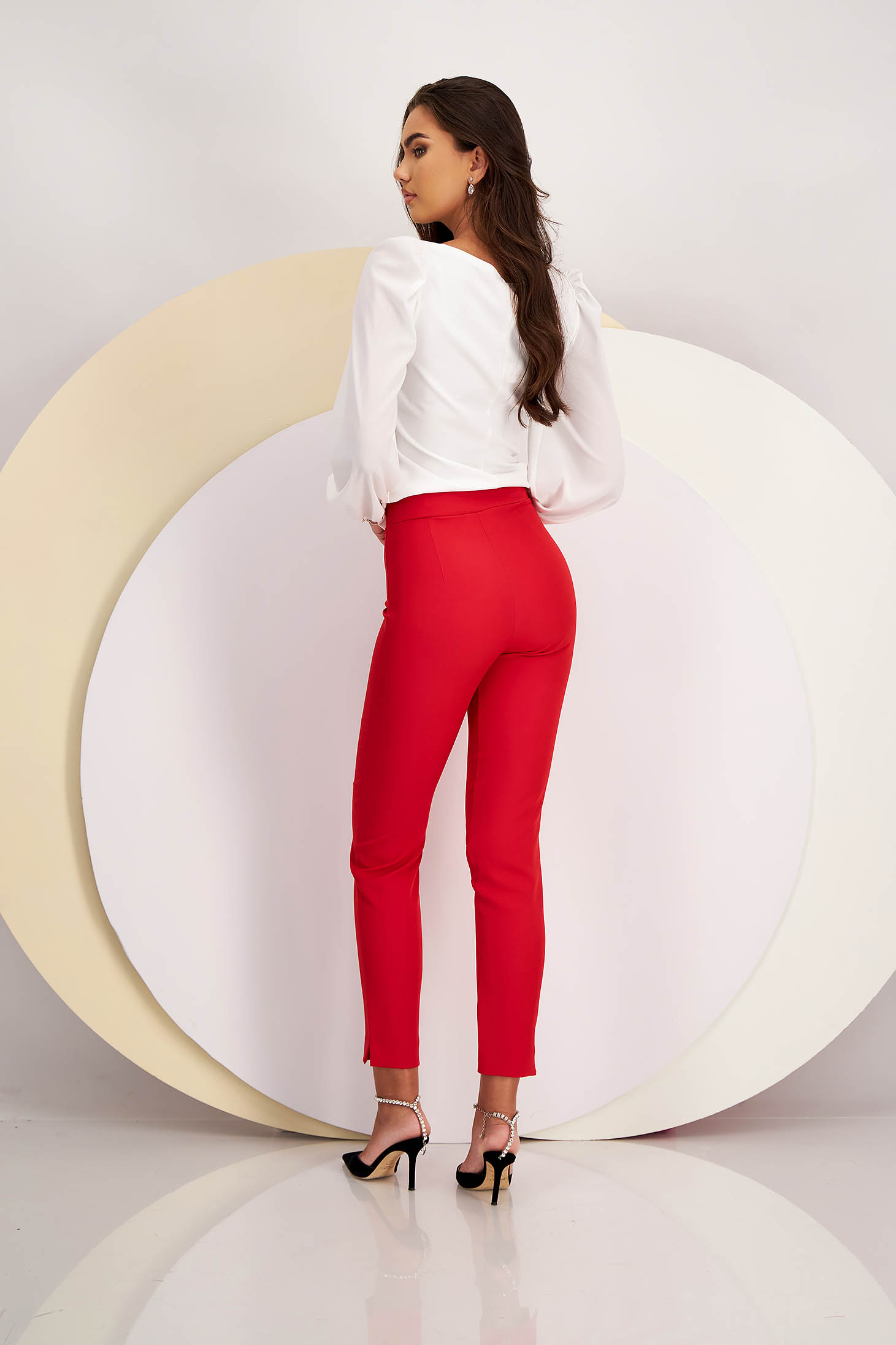 Pantaloni din stofa usor elastica rosii conici cu talie inalta - StarShinerS 4 - StarShinerS.ro