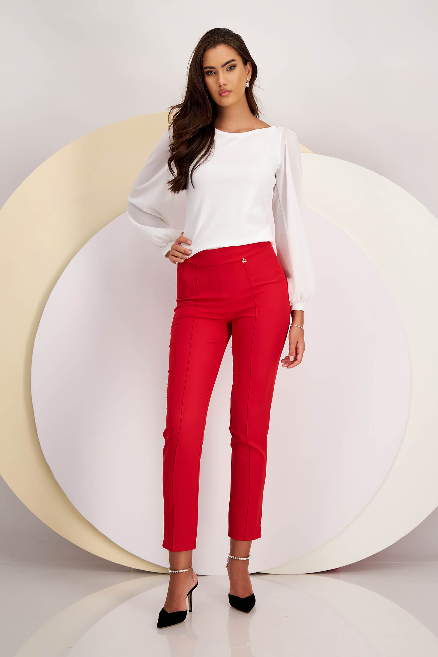 Pantaloni din stofa usor elastica rosii conici cu talie inalta - StarShinerS 6 - StarShinerS.ro