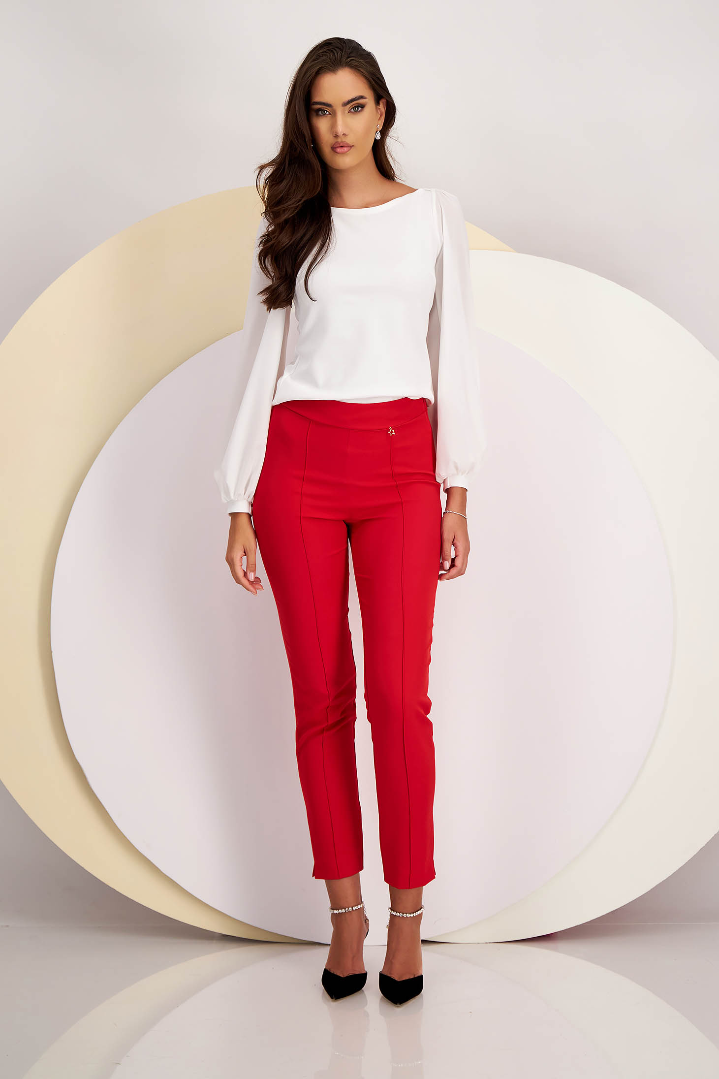 Pantaloni din stofa usor elastica rosii conici cu talie inalta - StarShinerS 5 - StarShinerS.ro