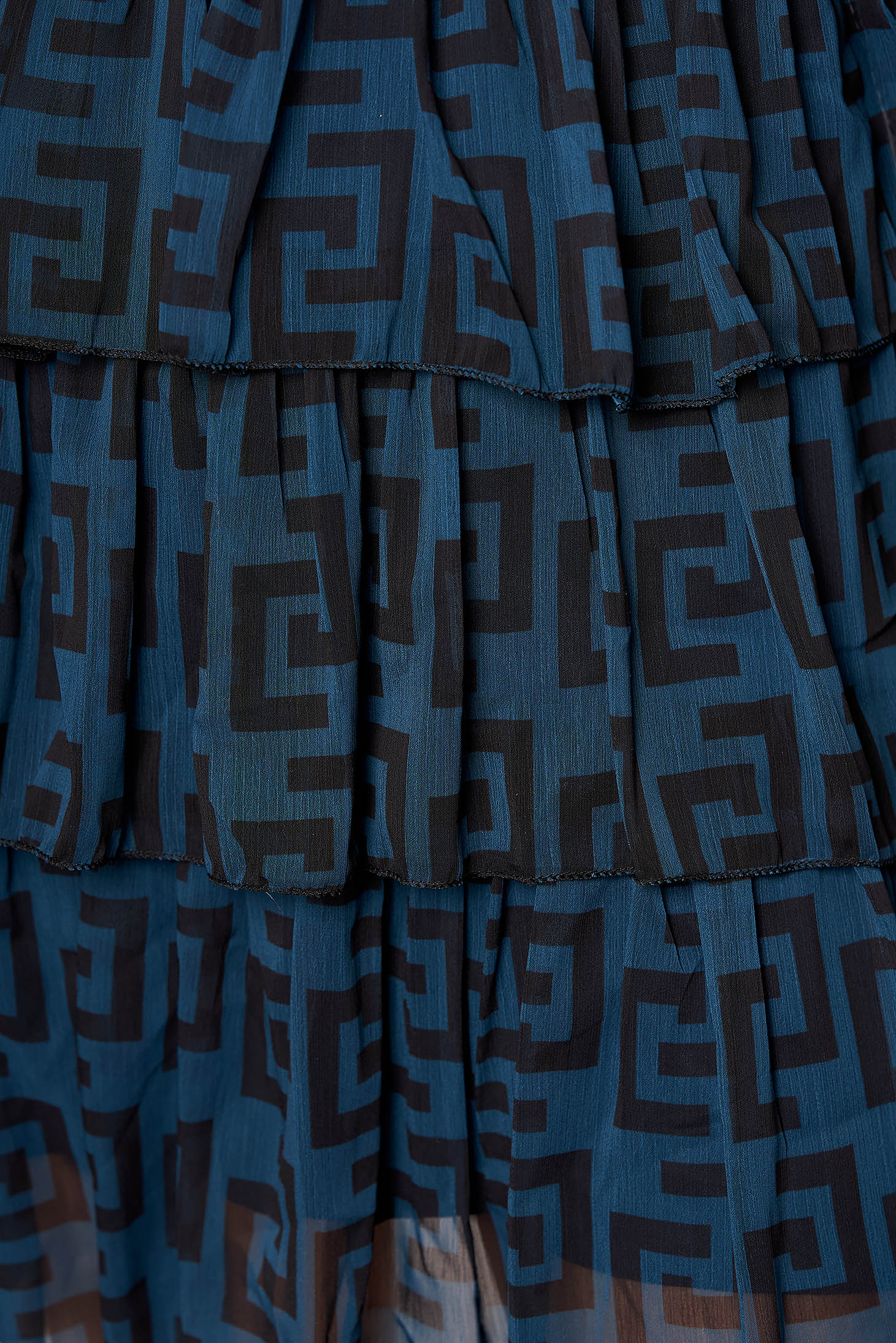 Kék hétköznapi rövid gumírozott derekú harang ruha béléssel fodros szellős anyagból 4 - StarShinerS.hu