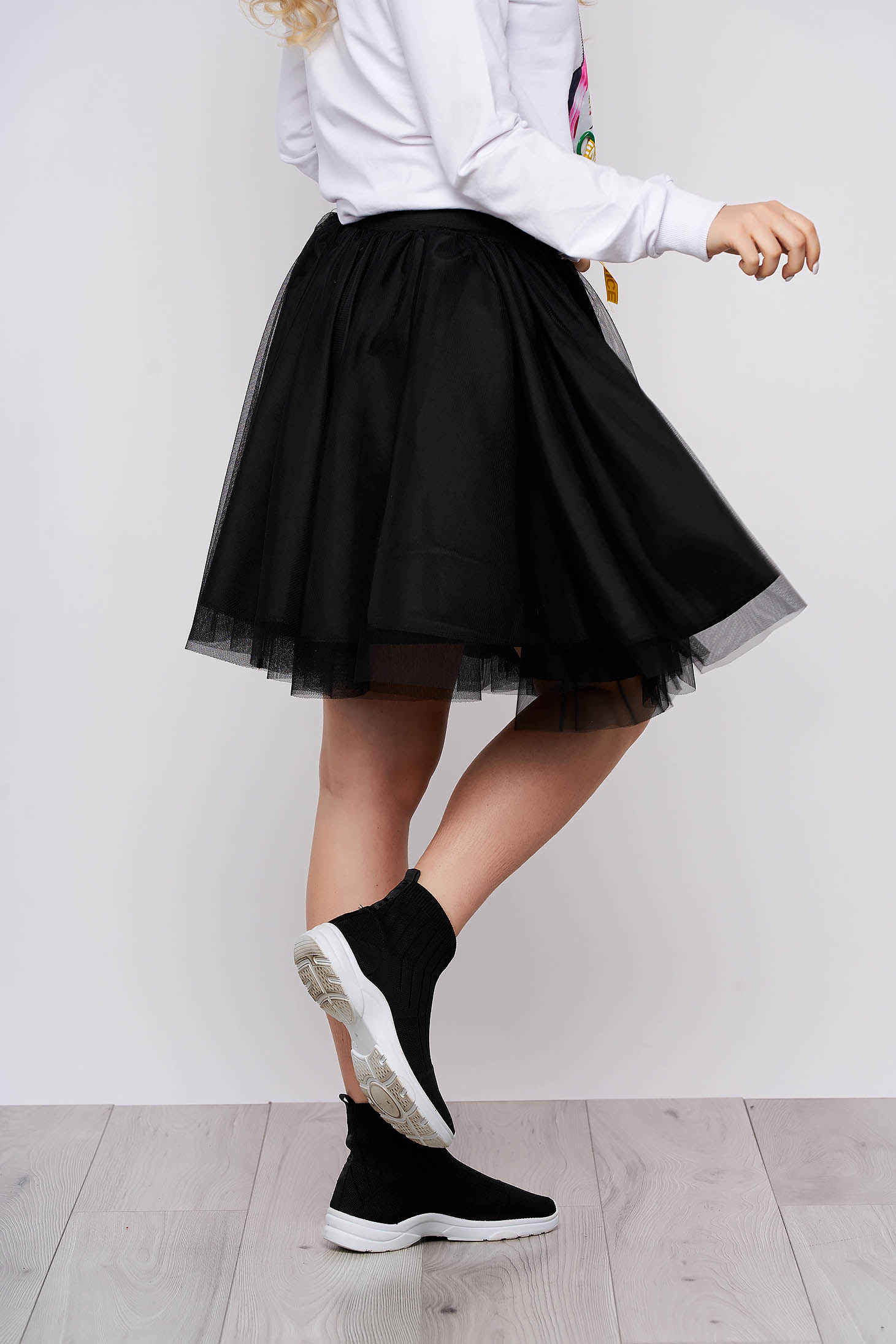 Elegant Black Skirt From Tulle Cloche Short Cut High Waisted 9733