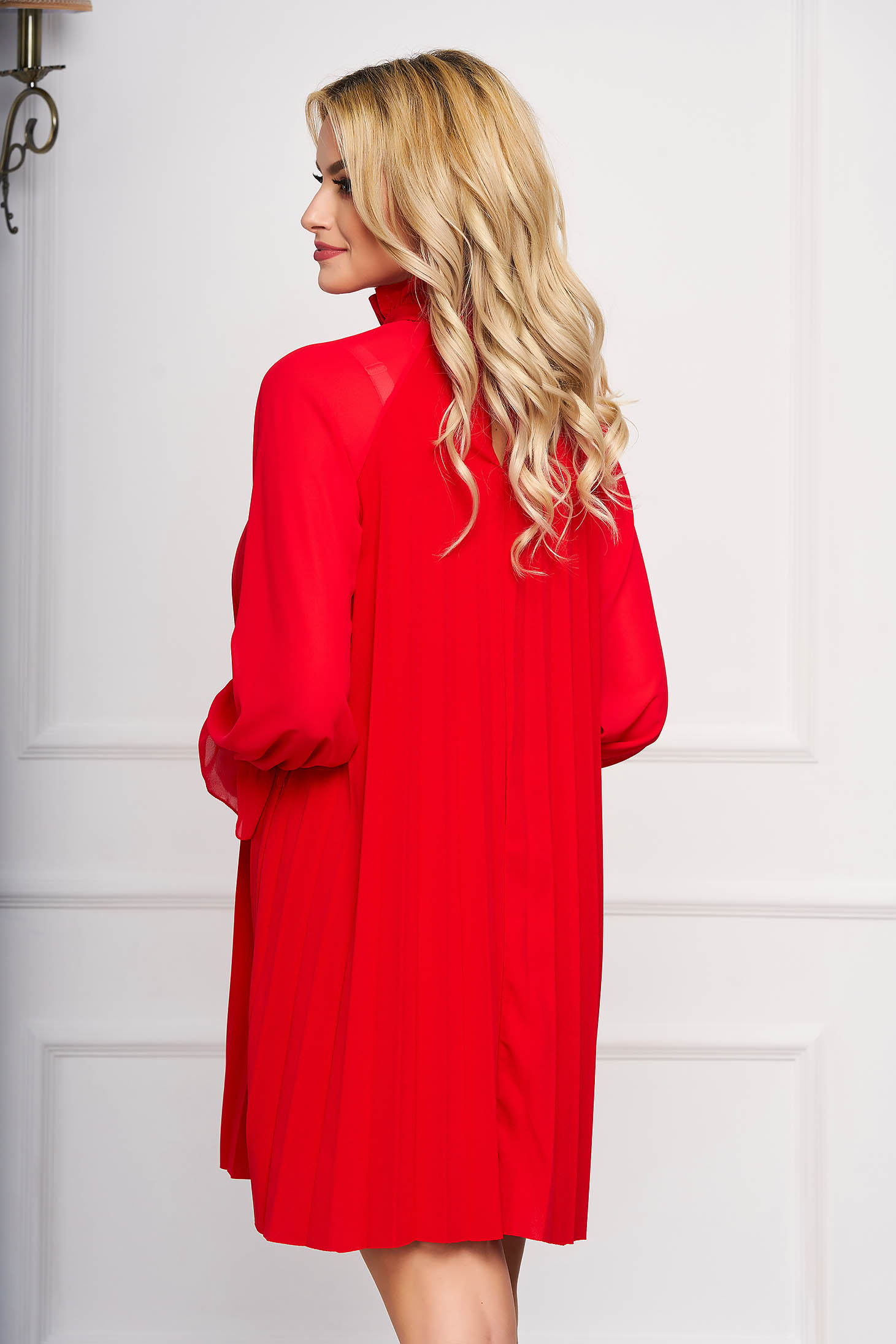 Red dress elegant short cut from veil fabric a-line long sleeved 2 - StarShinerS.com