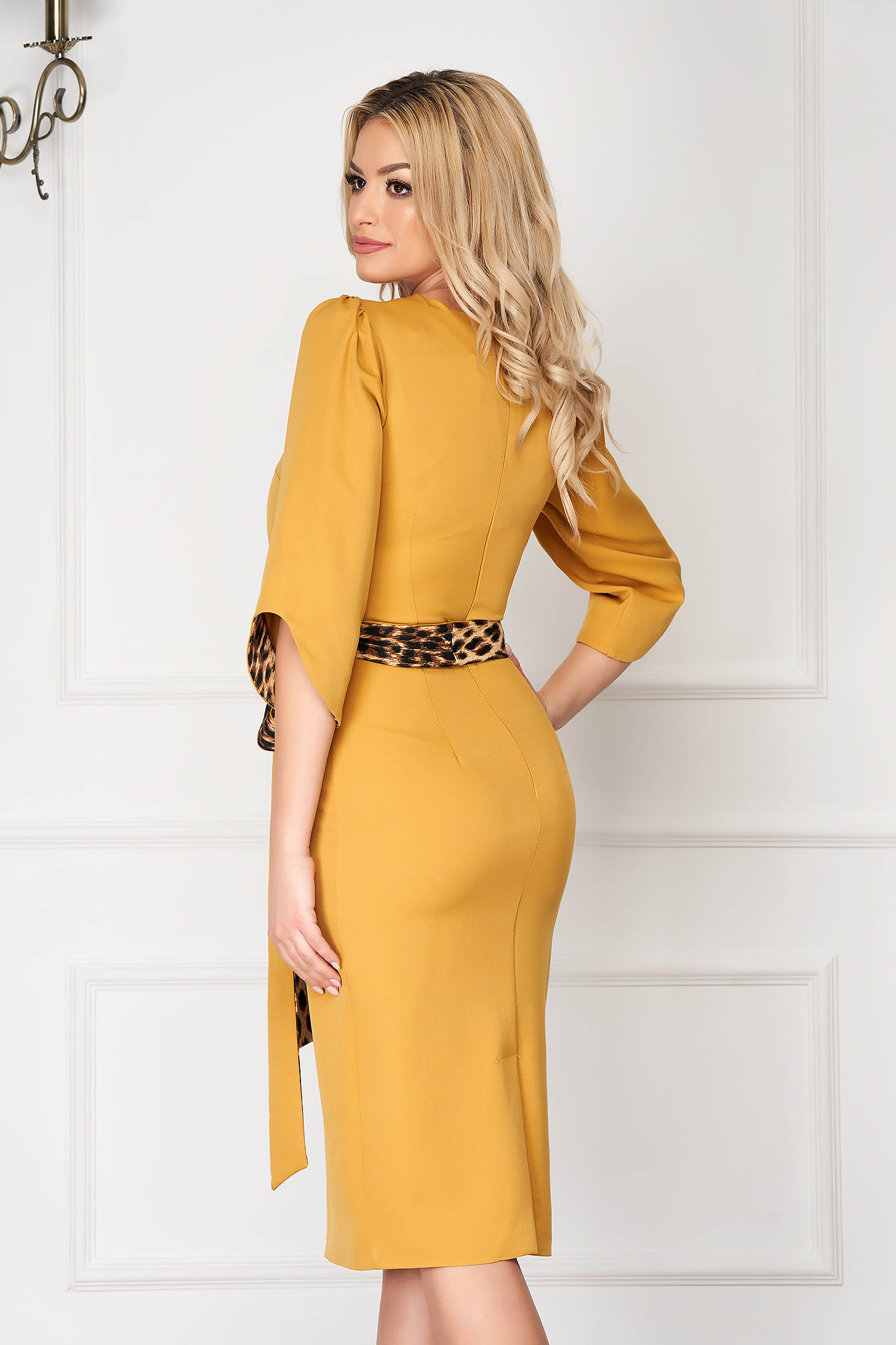 Mustard office midi pencil dress with 3/4 sleeves accessorized with ...